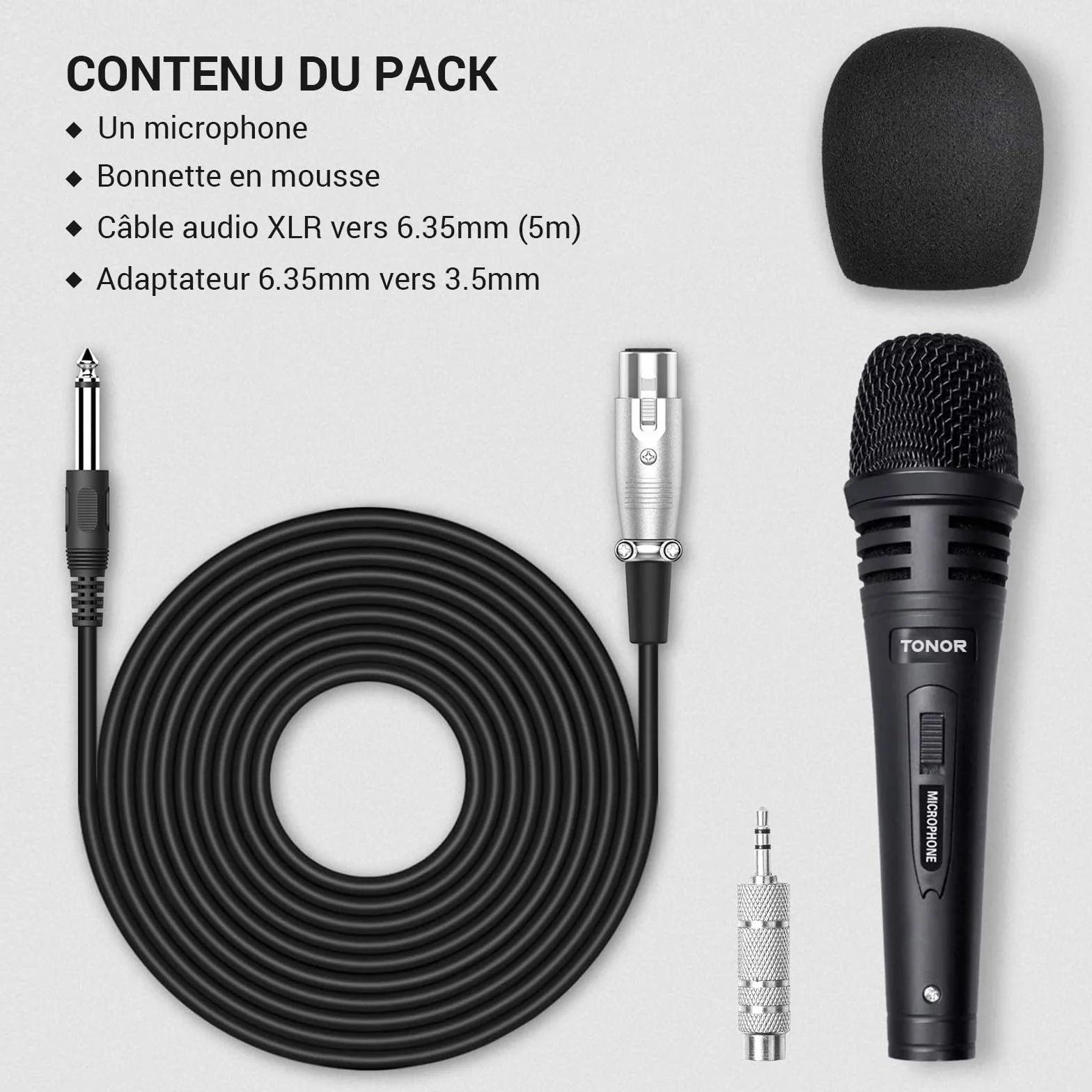TONOR Micro Karaoke Dynamique avec Cable XLR 5M, Microphone à Main Métal Compatible Appareils DVD KTV Amplificateurs Discours Mariages Activités K1