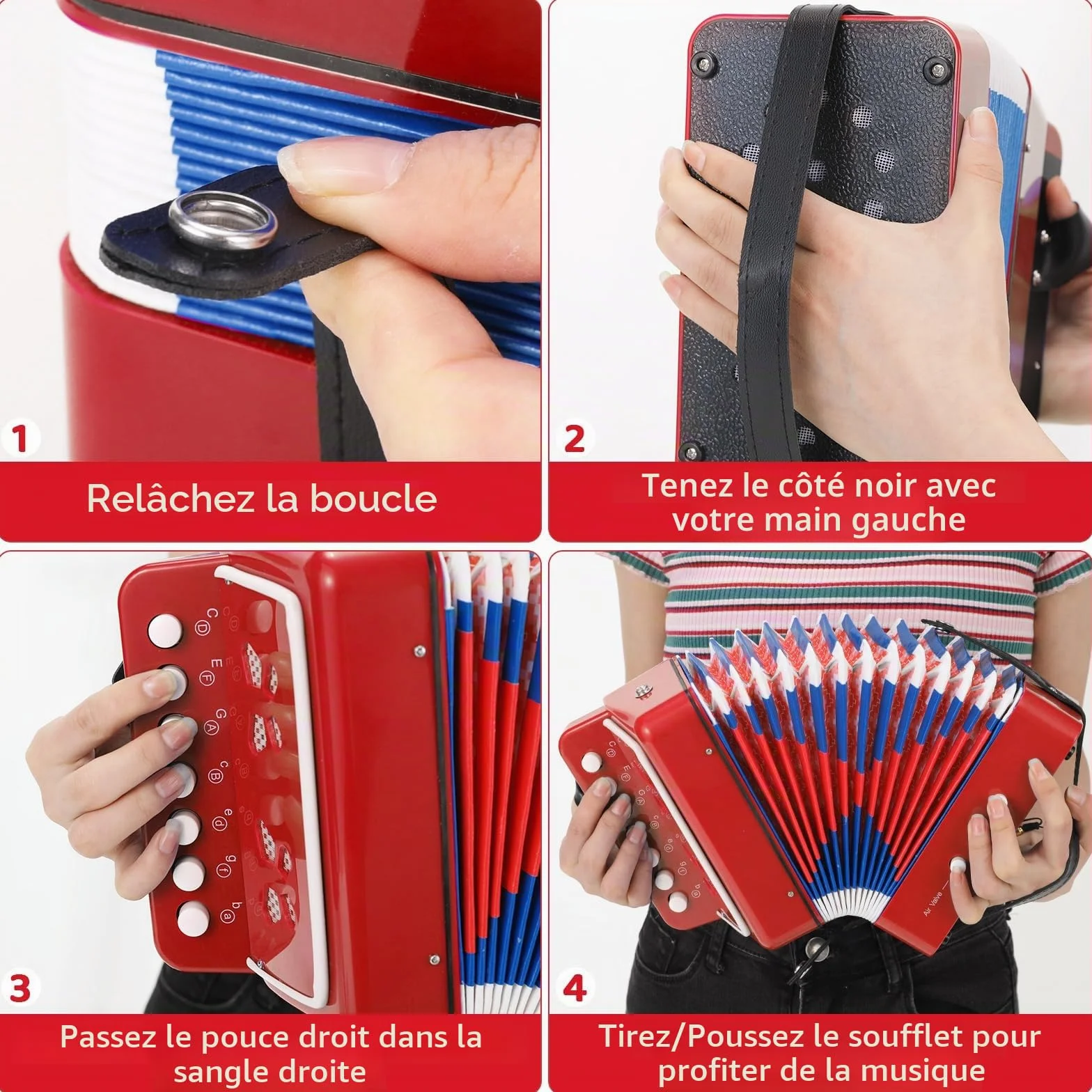 Accordéon pour Enfant 10 Touches avec Sangles, Instrument de Musique Débutants, Rouge