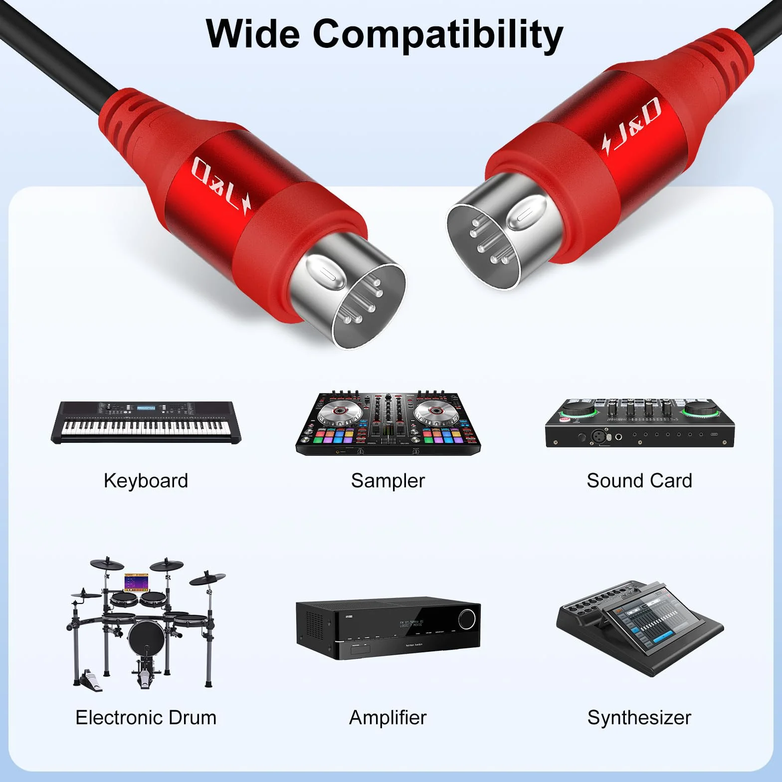 J&D Câble MIDI 5 Pin DIN Mâle à Mâle 0,9 m Rouge