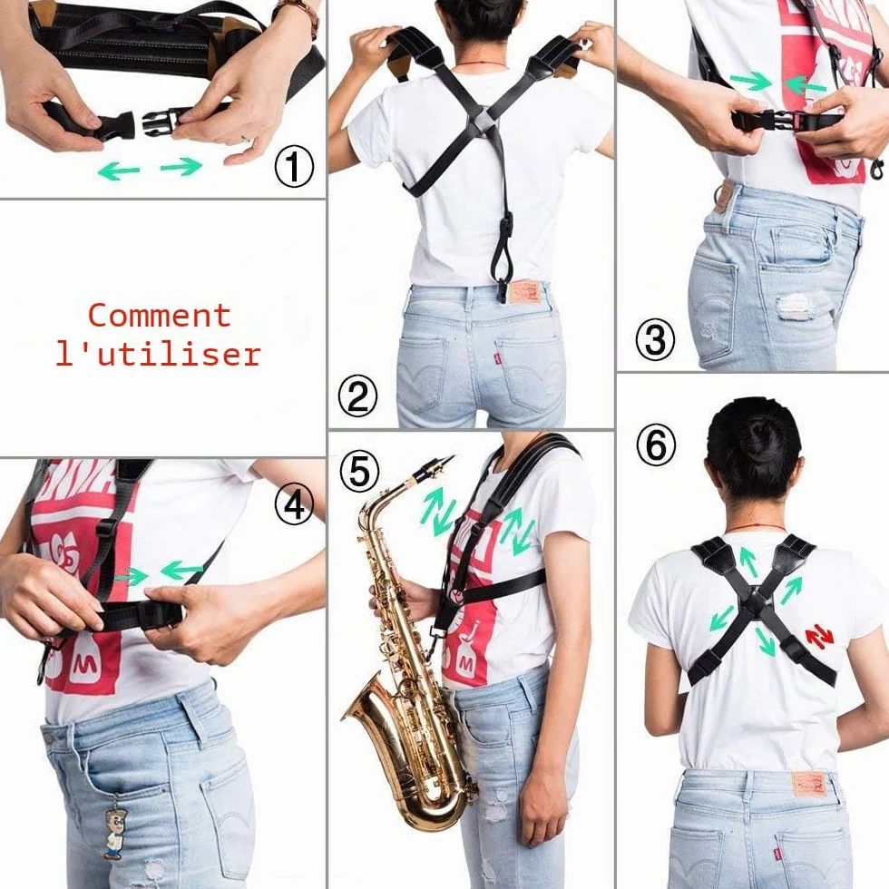 Rayzm Sangle de Saxophone, Universelle Double Bandoulière en Cuir pour Sax Alto Ténor Soprano