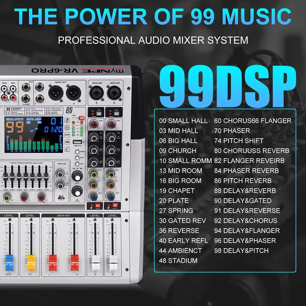 VR-6 PRO Table de mixage audio - Amplificateur de sortie haute puissance 550W x 2, 99 effets DSP, Console DJ audio Bluetooth, Grand écran spectre affichage, Tuner DJ à réduction intelligente