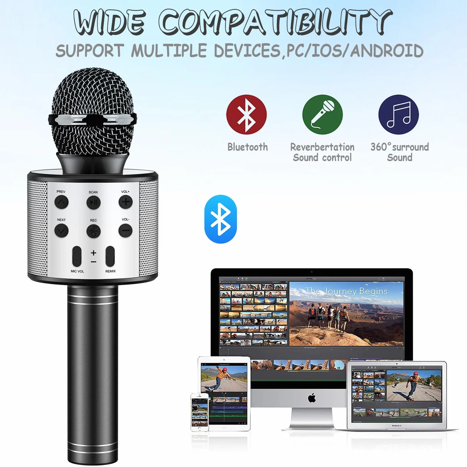 Microphone Karaoké sans Fil Bluetooth LED Multicolore pour Enfants Adultes Chanter Fête Anniversaire Cadeau Noir