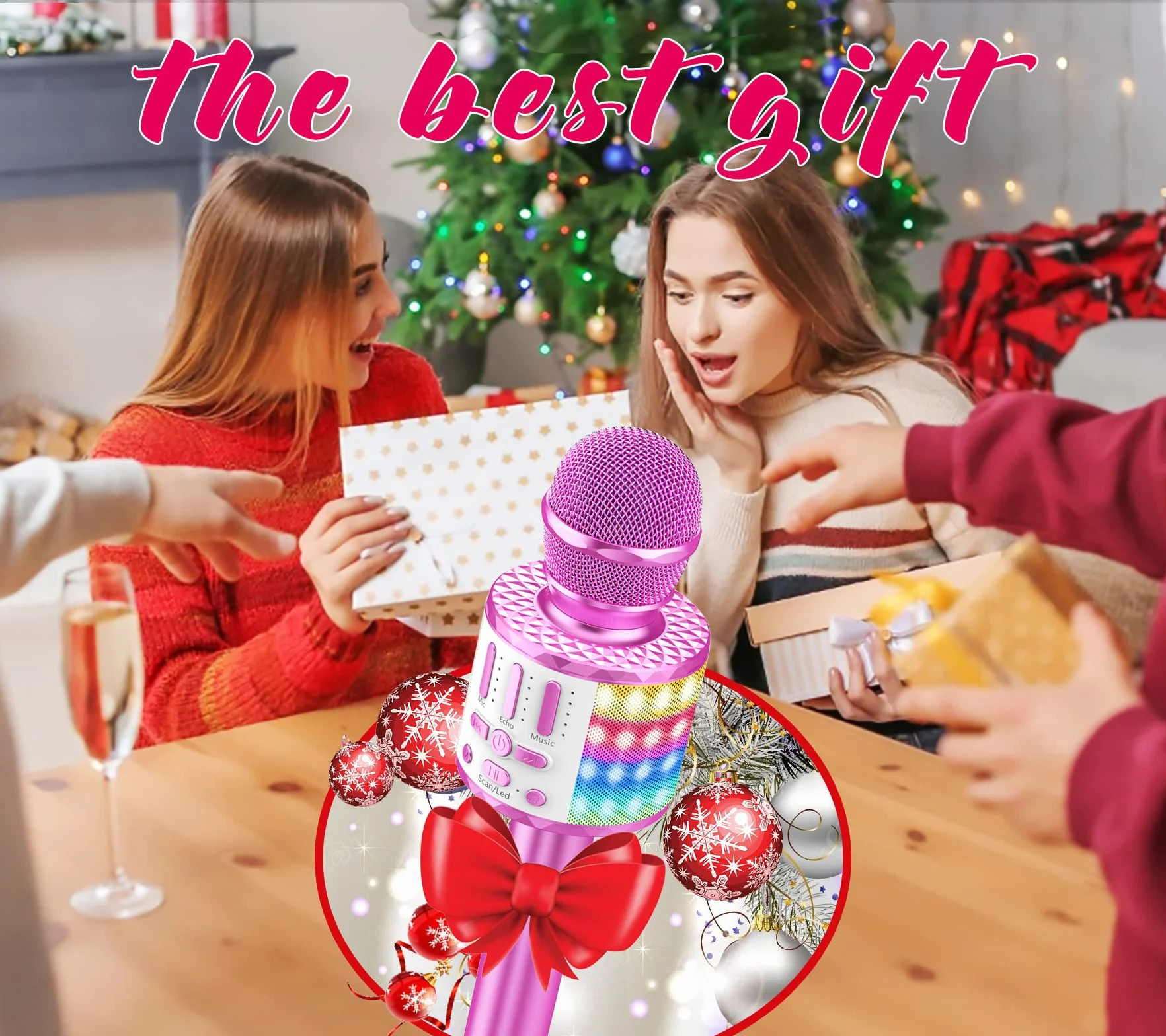 Micros sans Fil Karaoké Bluetooth avec Lumière Scène, Haut-Parleur Portable pour Fête Chanter Disco KTV