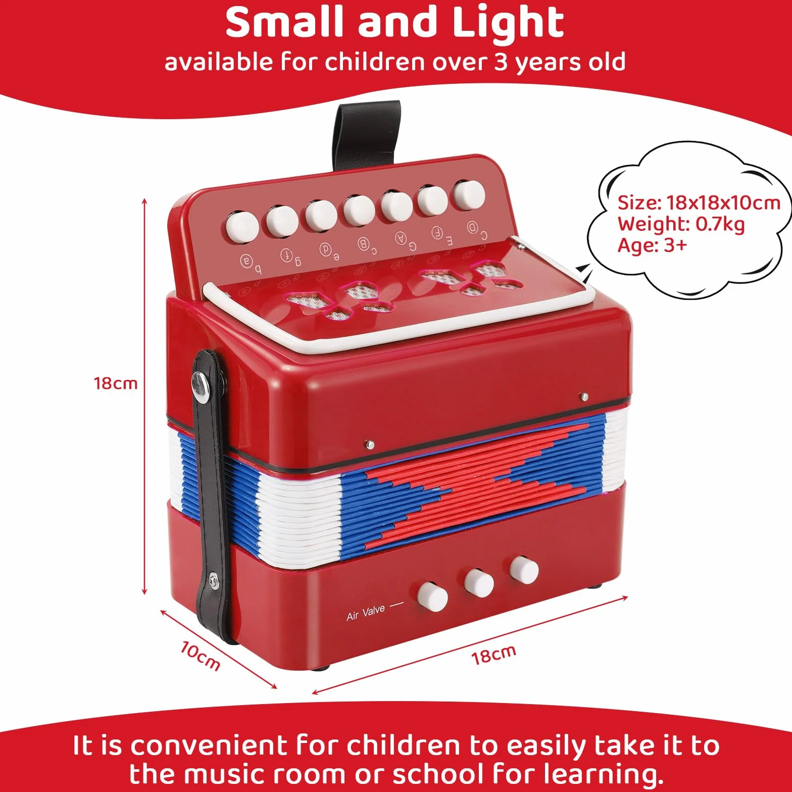 Accordéon pour Enfant 10 Touches avec Sangles, Instrument de Musique Débutants, Rouge