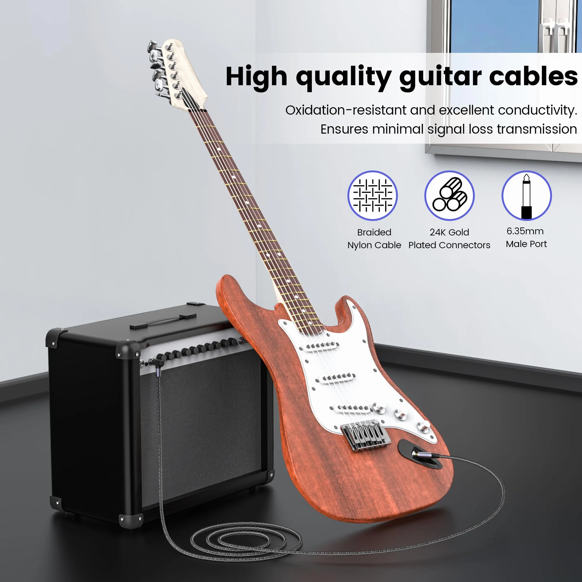 Câble Instrument 3m Jack Coudé pour Guitare Électrique et Basse MOSWAG