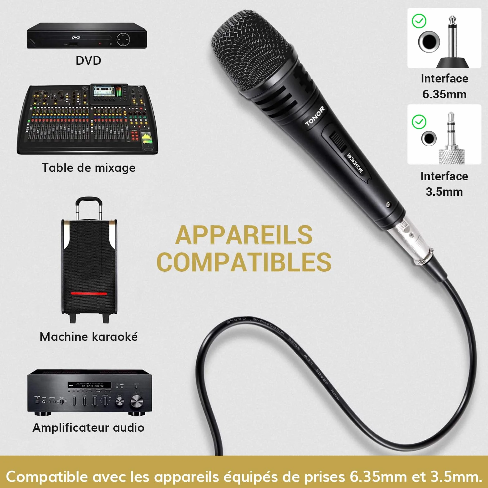 TONOR Micro Karaoke Dynamique avec Cable XLR 5M, Microphone à Main Métal Compatible Appareils DVD KTV Amplificateurs Discours Mariages Activités K1