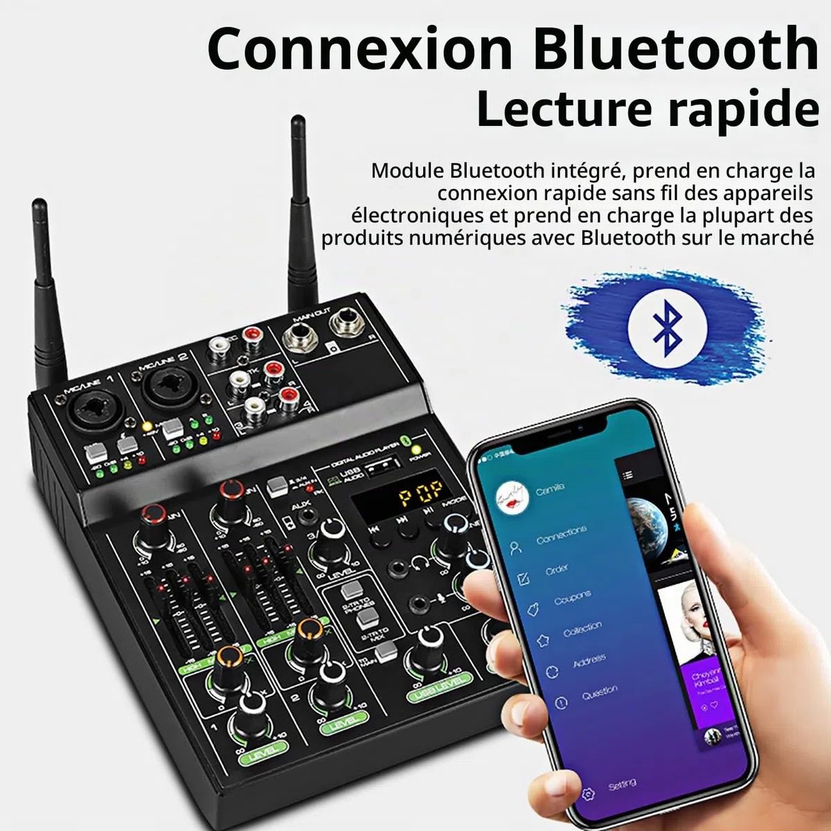 Depusheng UF4-M Table de Mixage Audio Studio - Console de Mixage DJ Numérique 4 Canaux Bluetooth Portable Professionnelle avec Microphone sans Fil