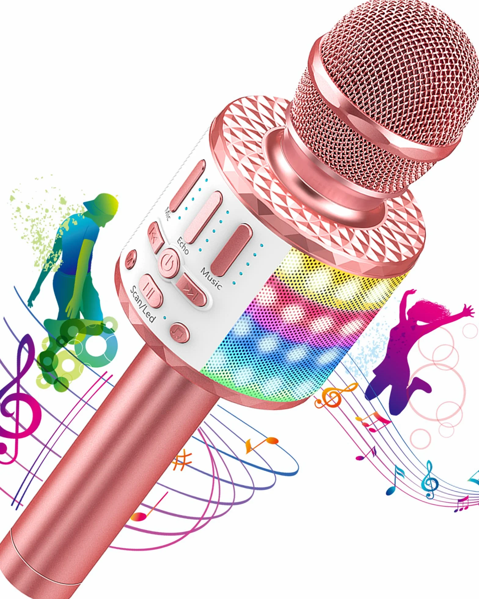 Micros sans Fil Karaoké Bluetooth avec Lumière Scène, Haut-Parleur Portable pour Fête Chanter Disco KTV