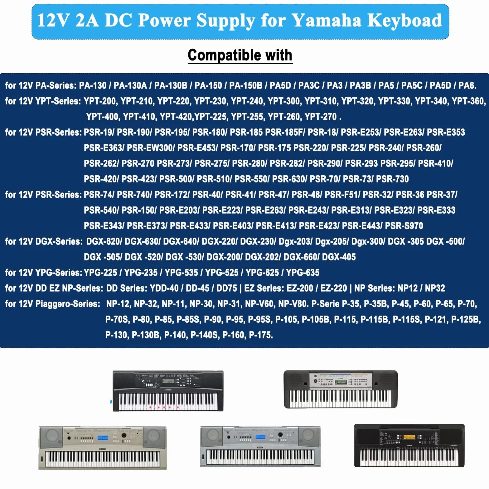 Adaptateur d'alimentation 12V 2A pour Clavier Yamaha PA-130a PA-130b PA-150b P45 PSR-210 P125