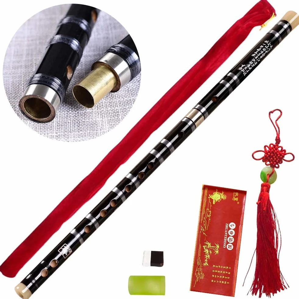 Flûte dizi en bambou faite à la main - Instrument de musique chinois en bois - Clé de fa, avec membrane, colle et protection (noir)