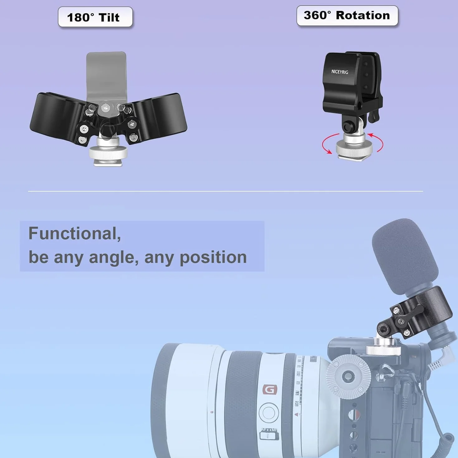 NICEYRIG Clip de Microphone avec mâchoire 18,5-35 mm, Alliage d'aluminium et Acier Inoxydable, Tampon Anti-Chocs Silicone, Trou fileté 1/4"
