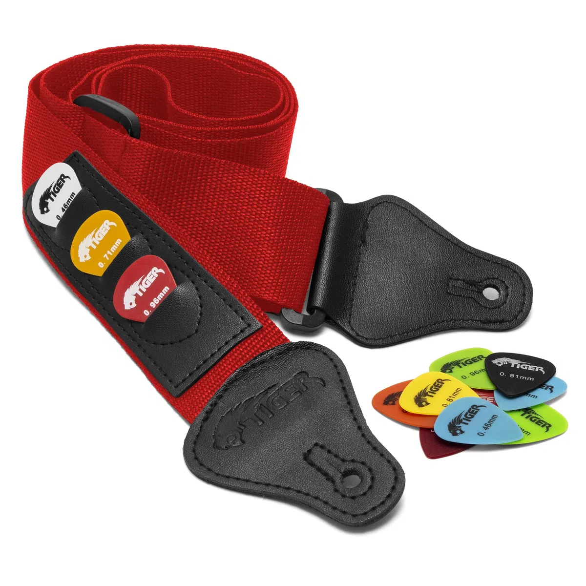 Tiger Sangle et médiators pour guitare, Nylon, Rouge, Taille unique