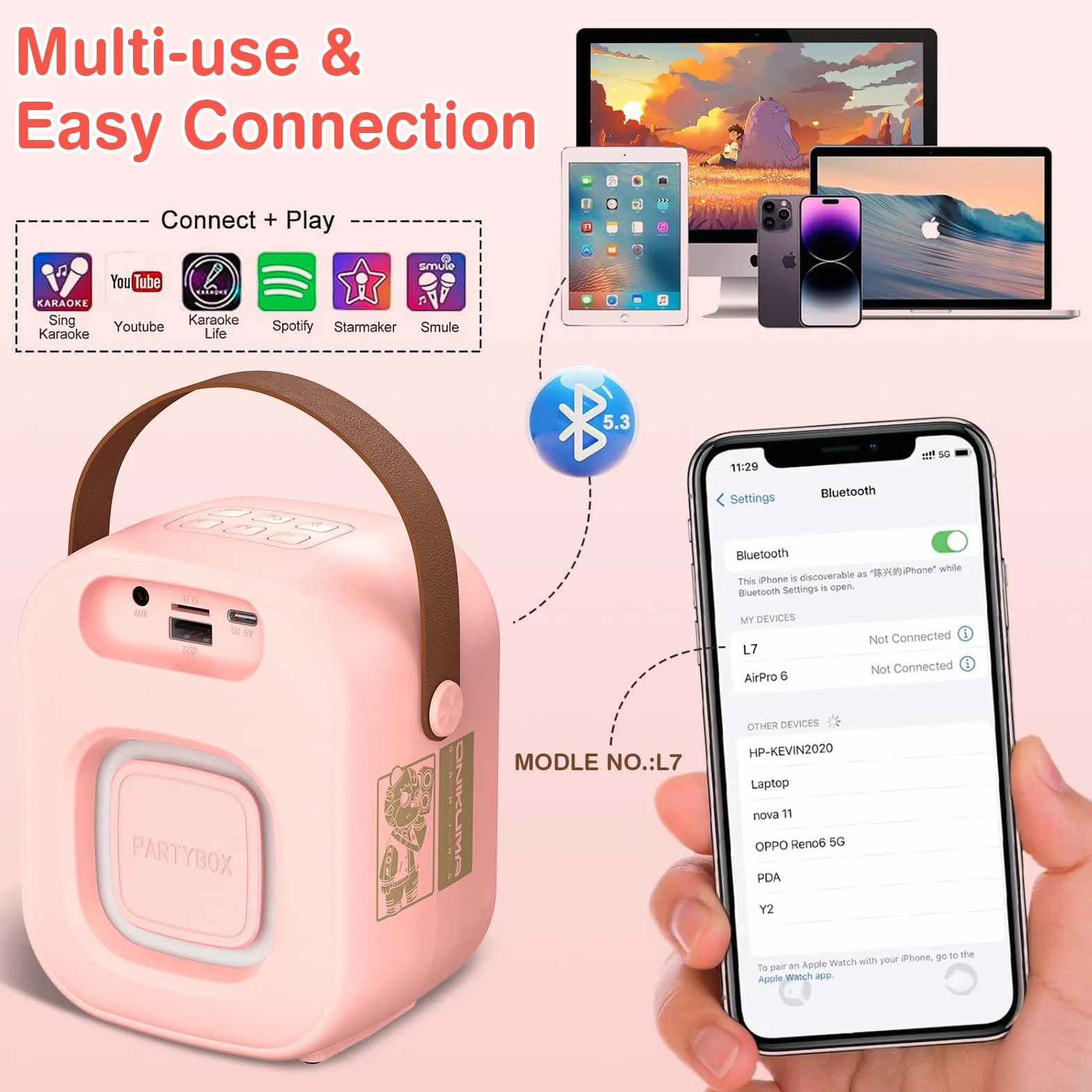 PHNIXGAM Mini Machine de karaoké Bluetooth avec Deux Microphones sans Fil et LED Rose