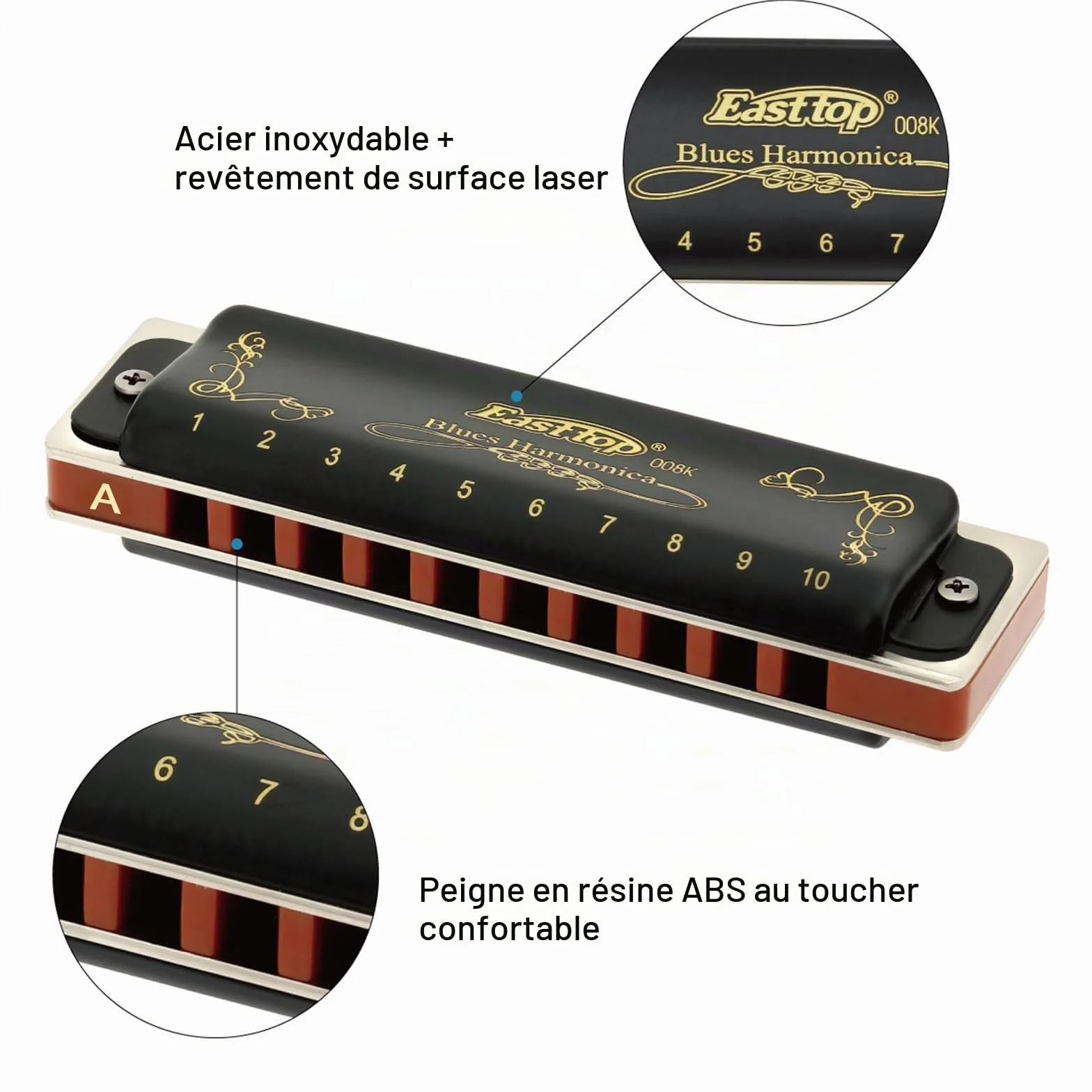 East top Harmonica diatonique en A 10 trous 20 tons T008K avec étui noir