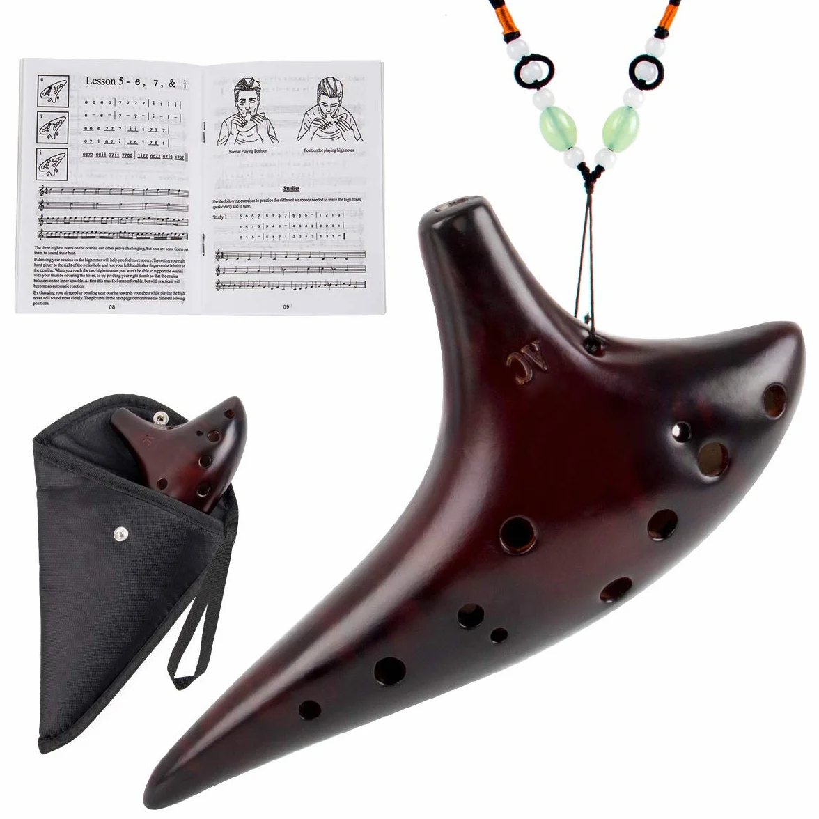Ocarina Alto C en Céramique de Paille Fumé avec Sac de Protection et Livret