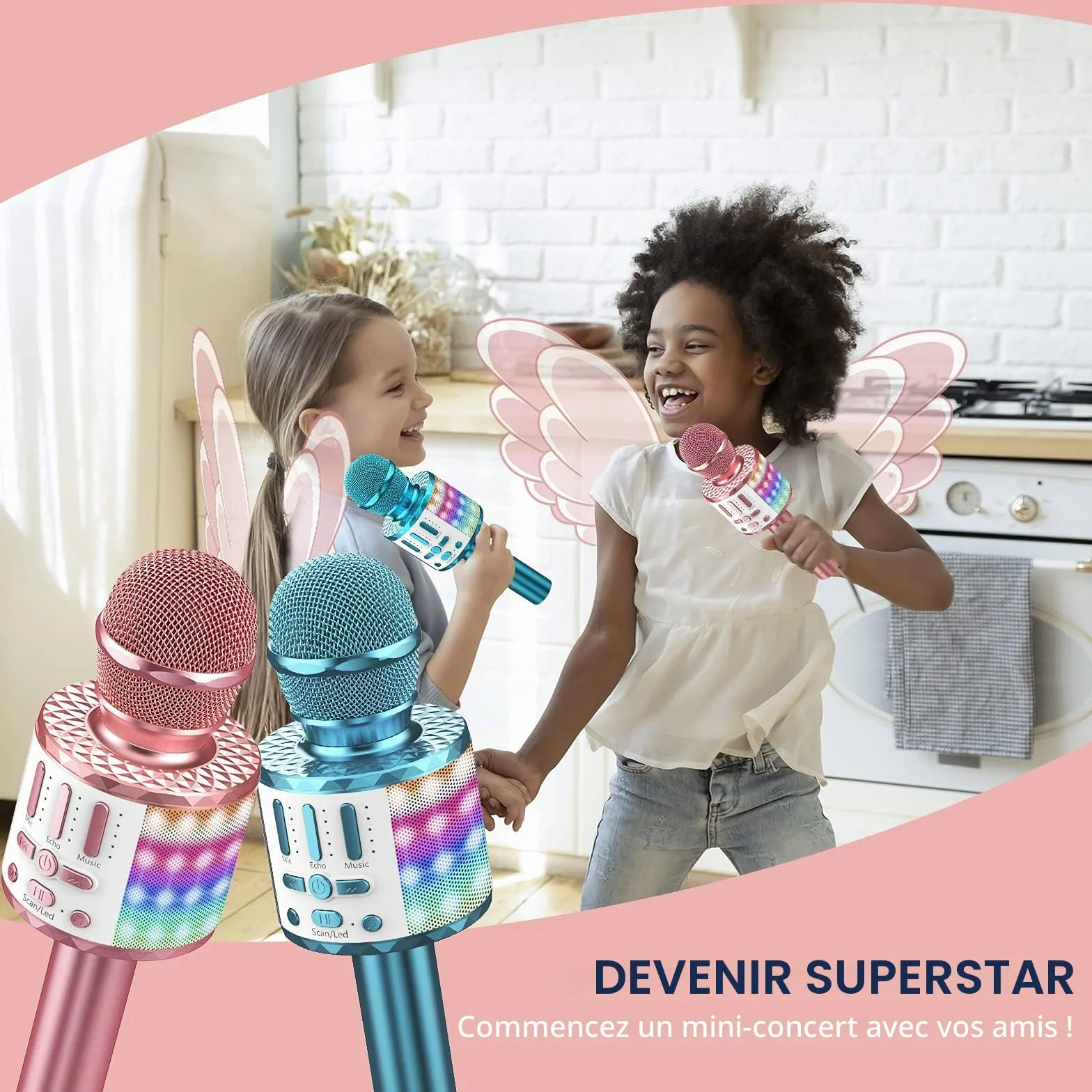 Microphone Sans Fil Bluetooth Portable Karaoké Micro Haut-Parleur avec Lumière pour Enfants Adultes