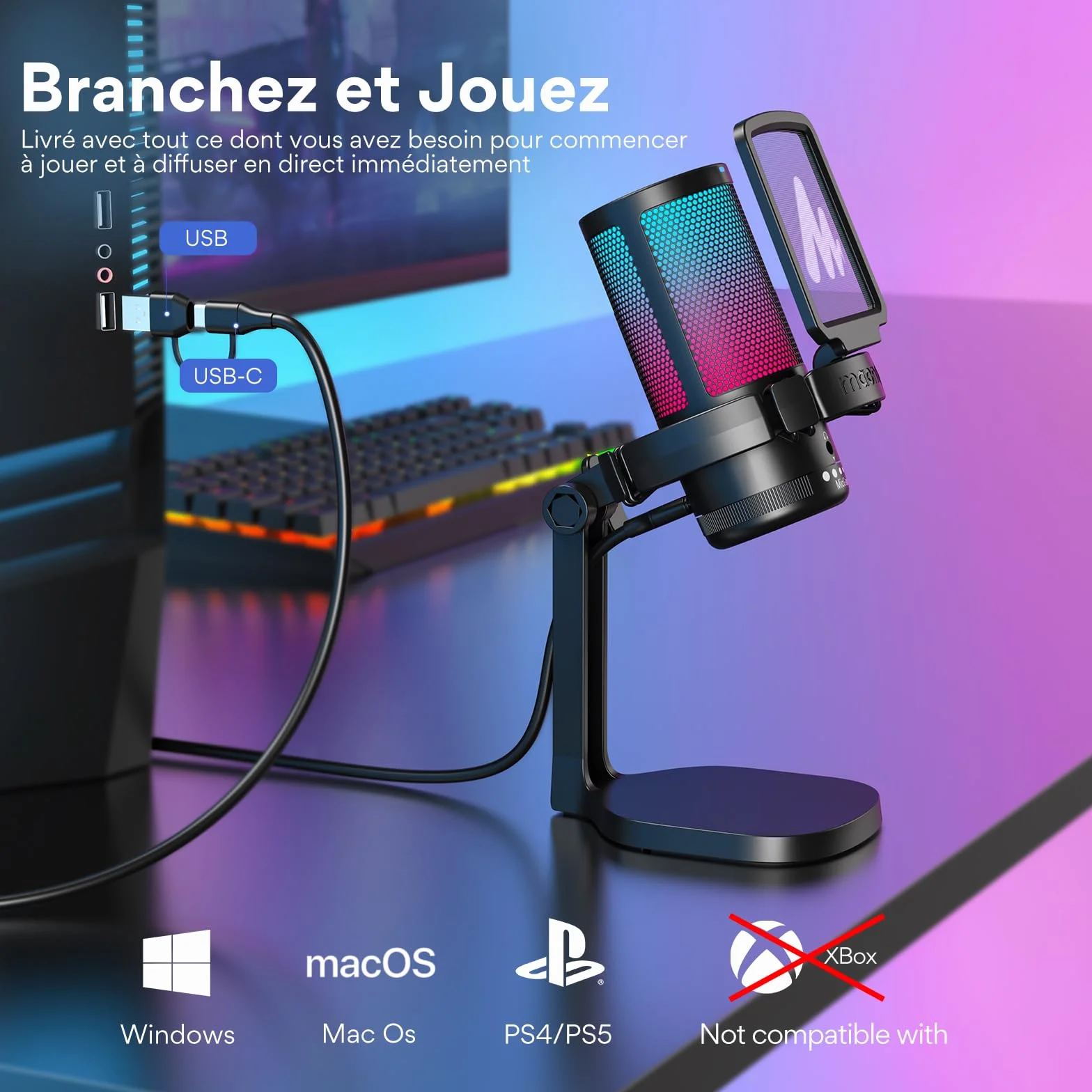 MAONO DGM20 Micro Gaming RGB, Condensateur Microphone USB Antibruit pour Streaming Podcast Studio avec Éclairage RGB Contrôlable