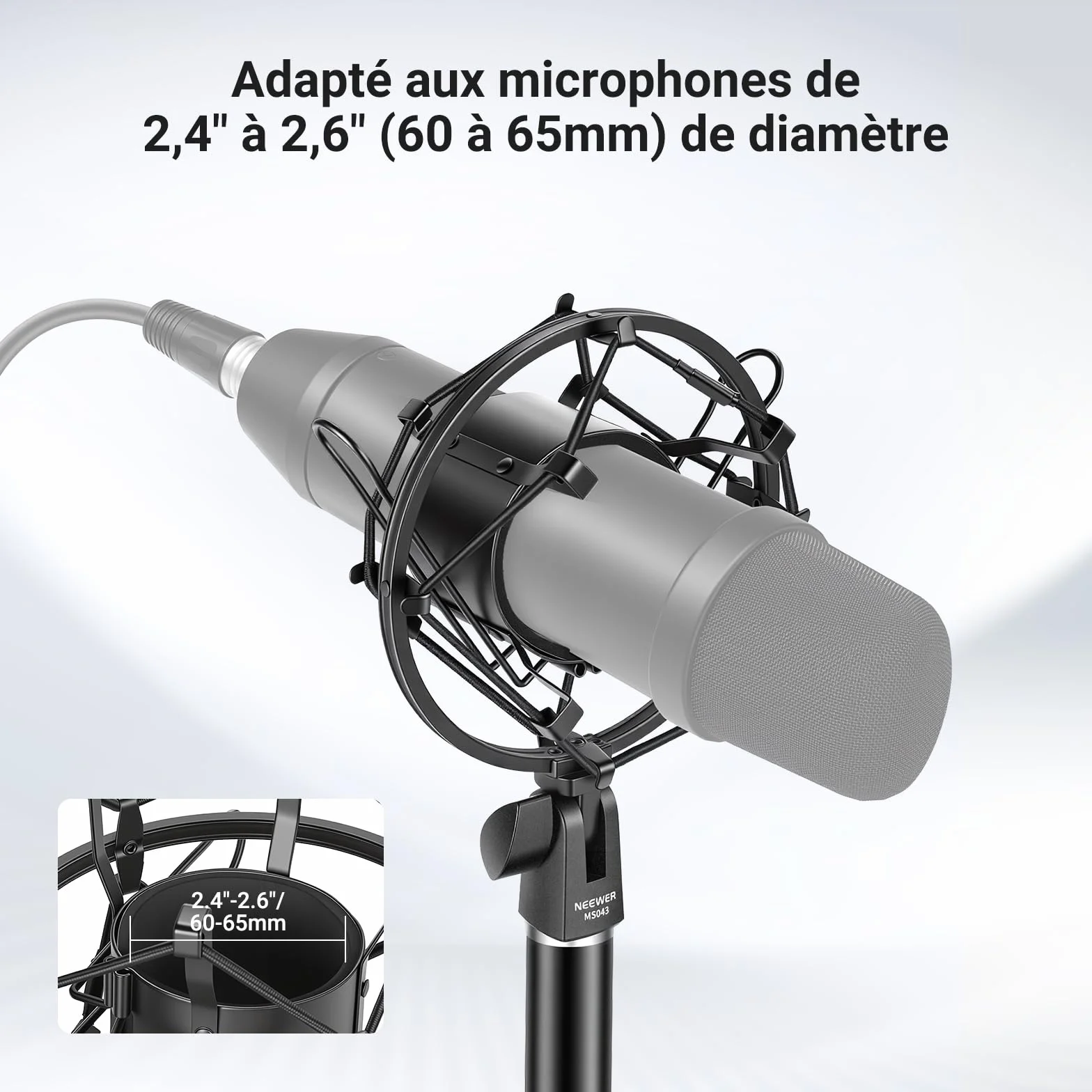 NEEWER Support Antichoc pour Micro, Fixation Pied et Boom Arm avec Cordons élastiques, Adaptateur 3/8" à 5/8", Compatible Microphone 60-65mm, MS043