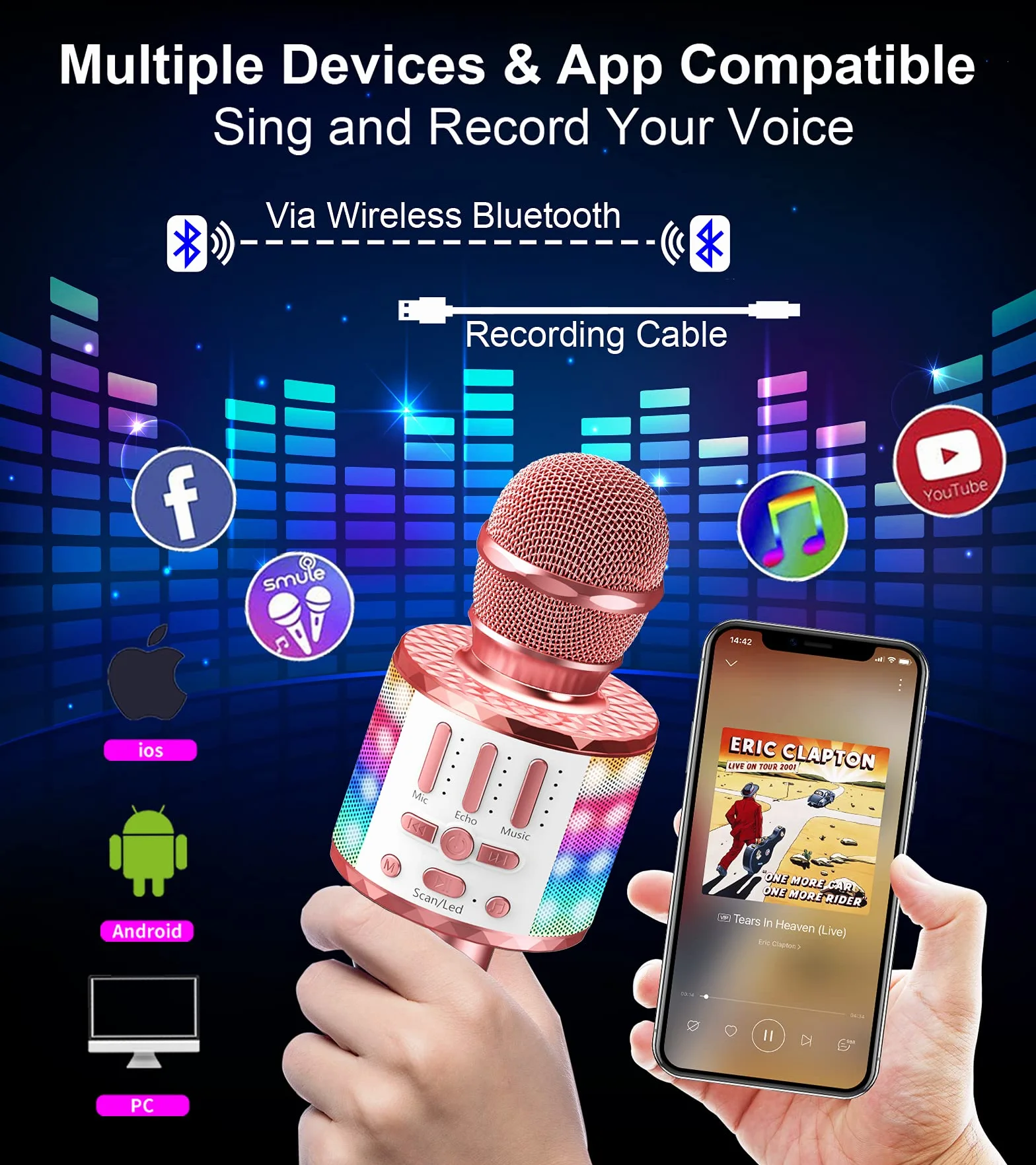 Micros sans Fil Karaoké Bluetooth avec Lumière Scène, Haut-Parleur Portable pour Fête Chanter Disco KTV