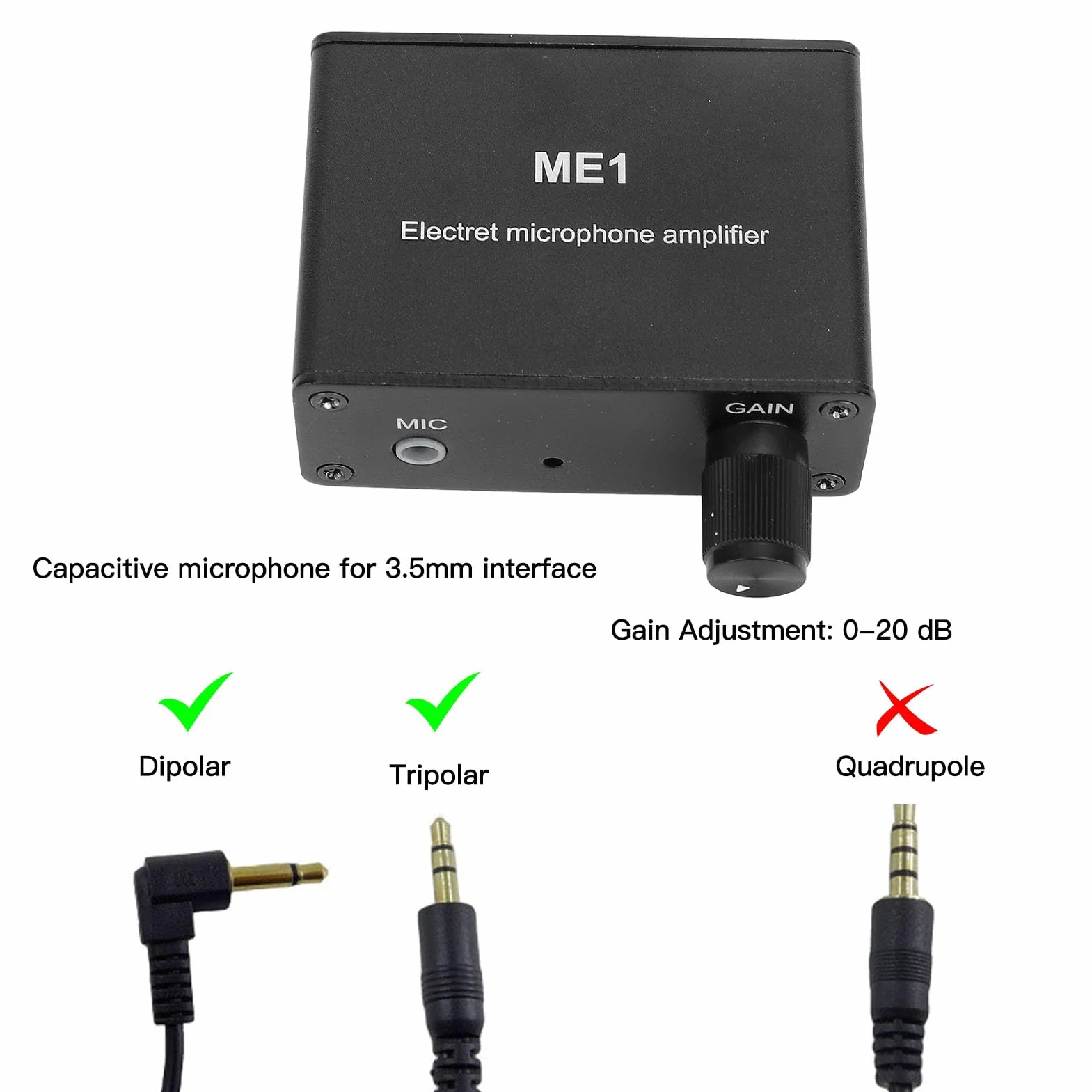 Amplificateur Microphone Électret Préamplificateur Sonore 3.5mm Gain Réglable 0-20dB