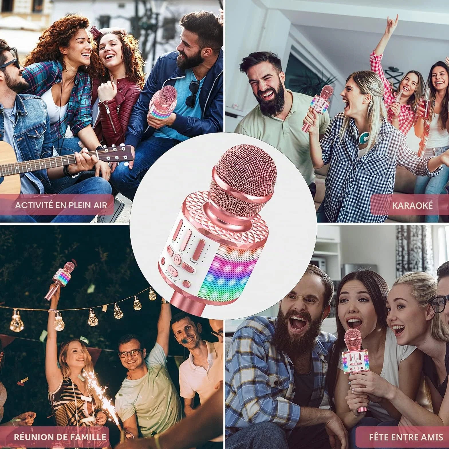 Microphone Sans Fil Bluetooth Portable Karaoké Micro Haut-Parleur avec Lumière pour Enfants Adultes