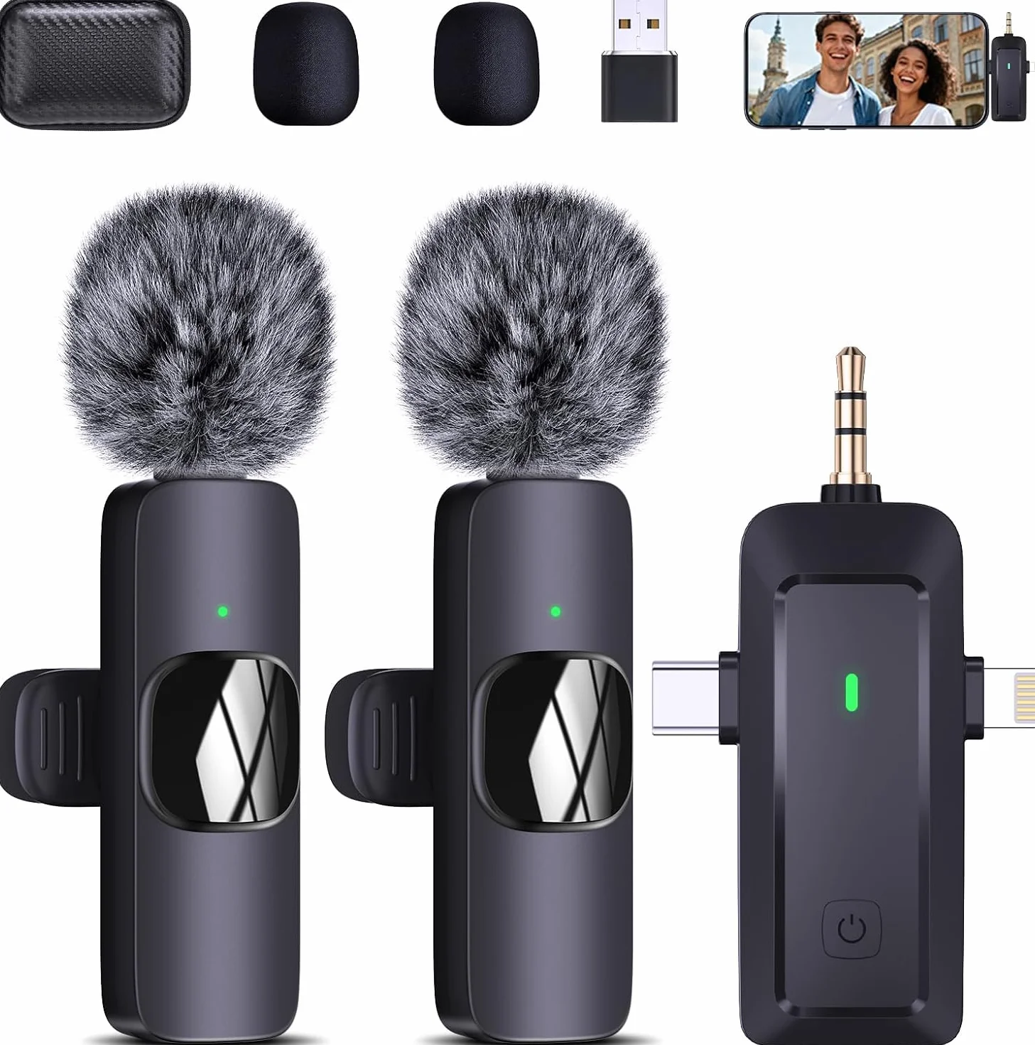 Micro Cravate sans Fil 4 en 1 pour iPhone Téléphone Caméra Ordinateur - Mini Microphone à Pince avec Filtres Anti-Pop pour Enregistrement Vidéo