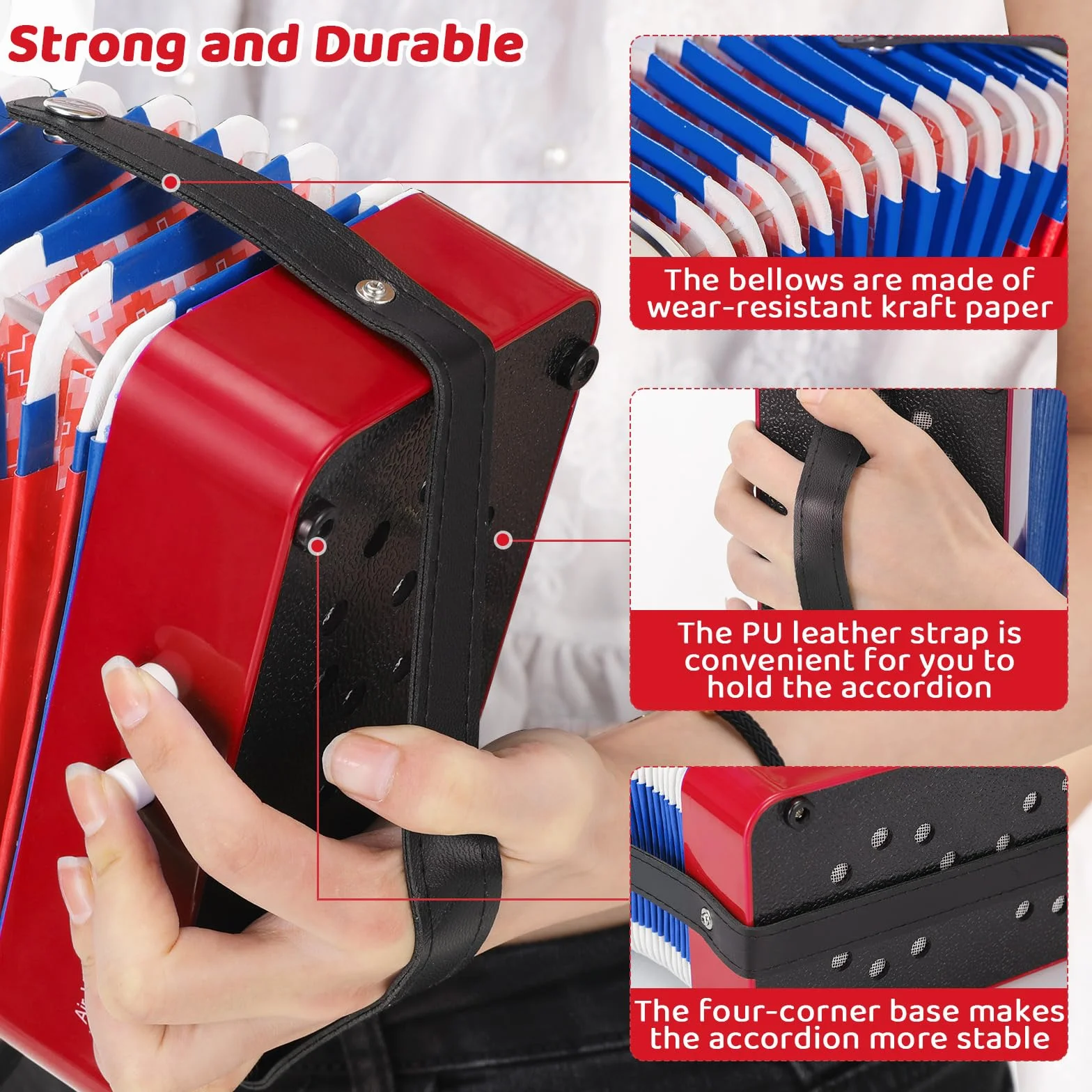 Accordéon pour Enfant 10 Touches avec Sangles, Instrument de Musique Débutants, Rouge