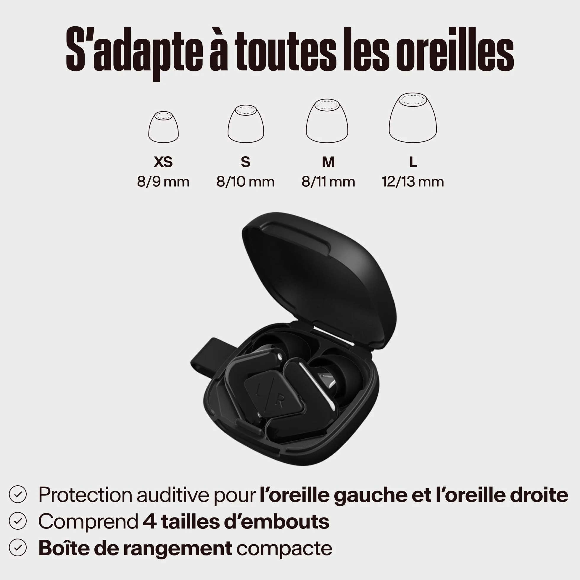 Alpine Tune Bouchons d'Oreilles Protection Auditive 19dB Certifiée Haute Fidélité 4 Tailles Noir