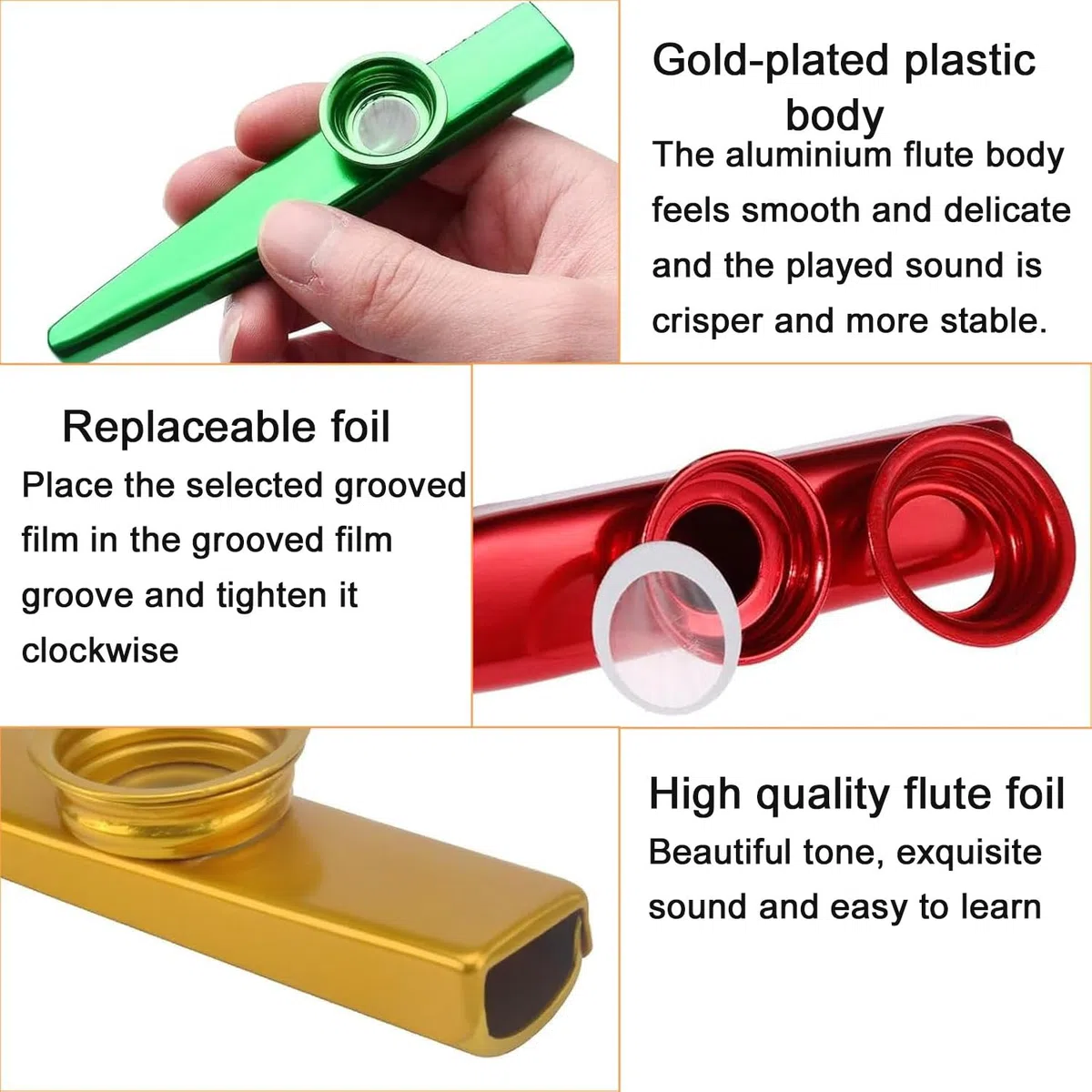6 Pièces Kazoo en Alliage d'Aluminium avec 12 Membranes - 6 Couleurs Métal pour Accompagnement de Guitare ou d'Harmonica - Instrument pour Enfants, Amateurs et Débutants en Musique