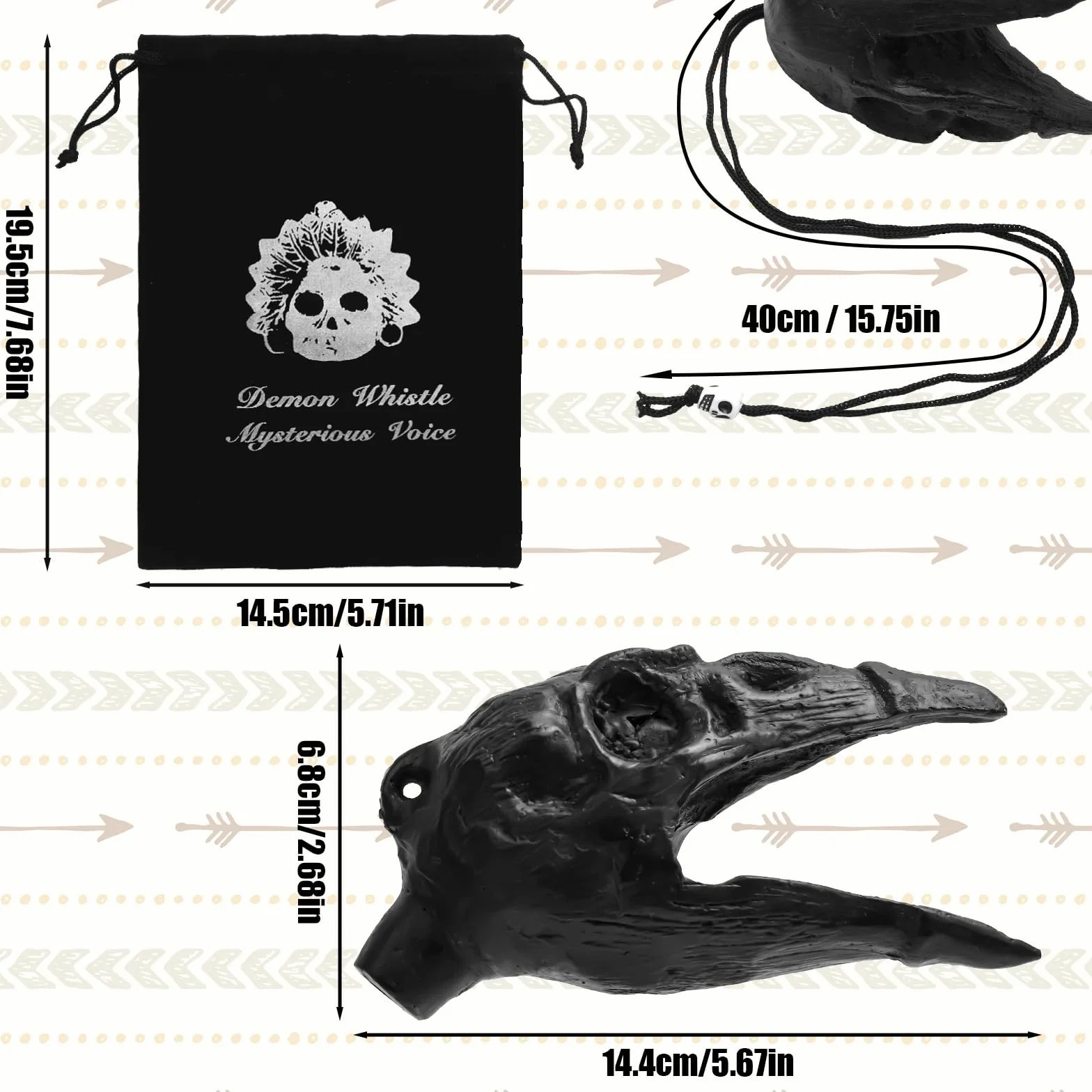 Sifflet de Mort Aztèque Hurlant 125 dB Crâne de Corbeau Sifflet de Guerre avec Sac à Cordon