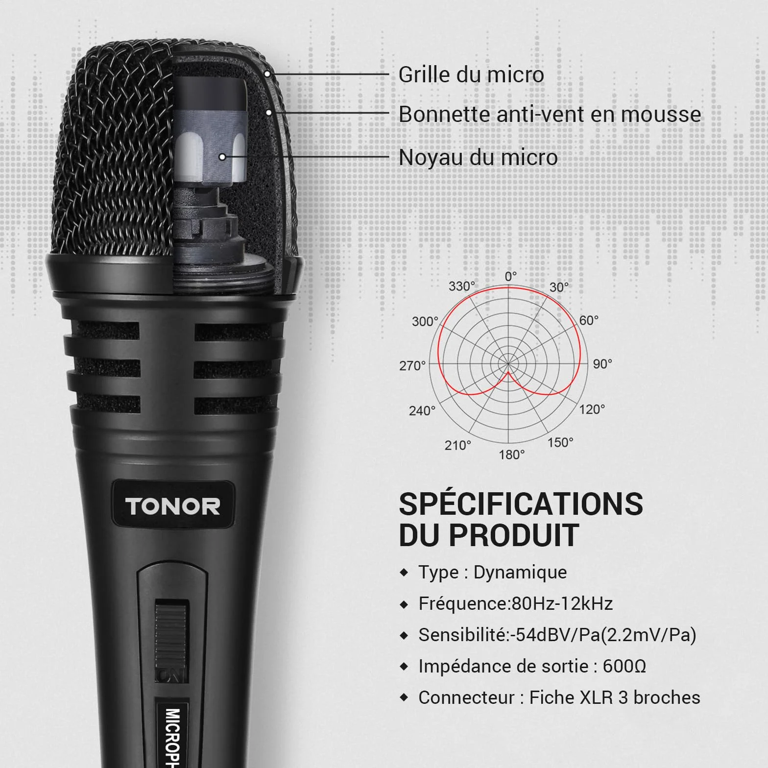TONOR Micro Karaoke Dynamique avec Cable XLR 5M, Microphone à Main Métal Compatible Appareils DVD KTV Amplificateurs Discours Mariages Activités K1