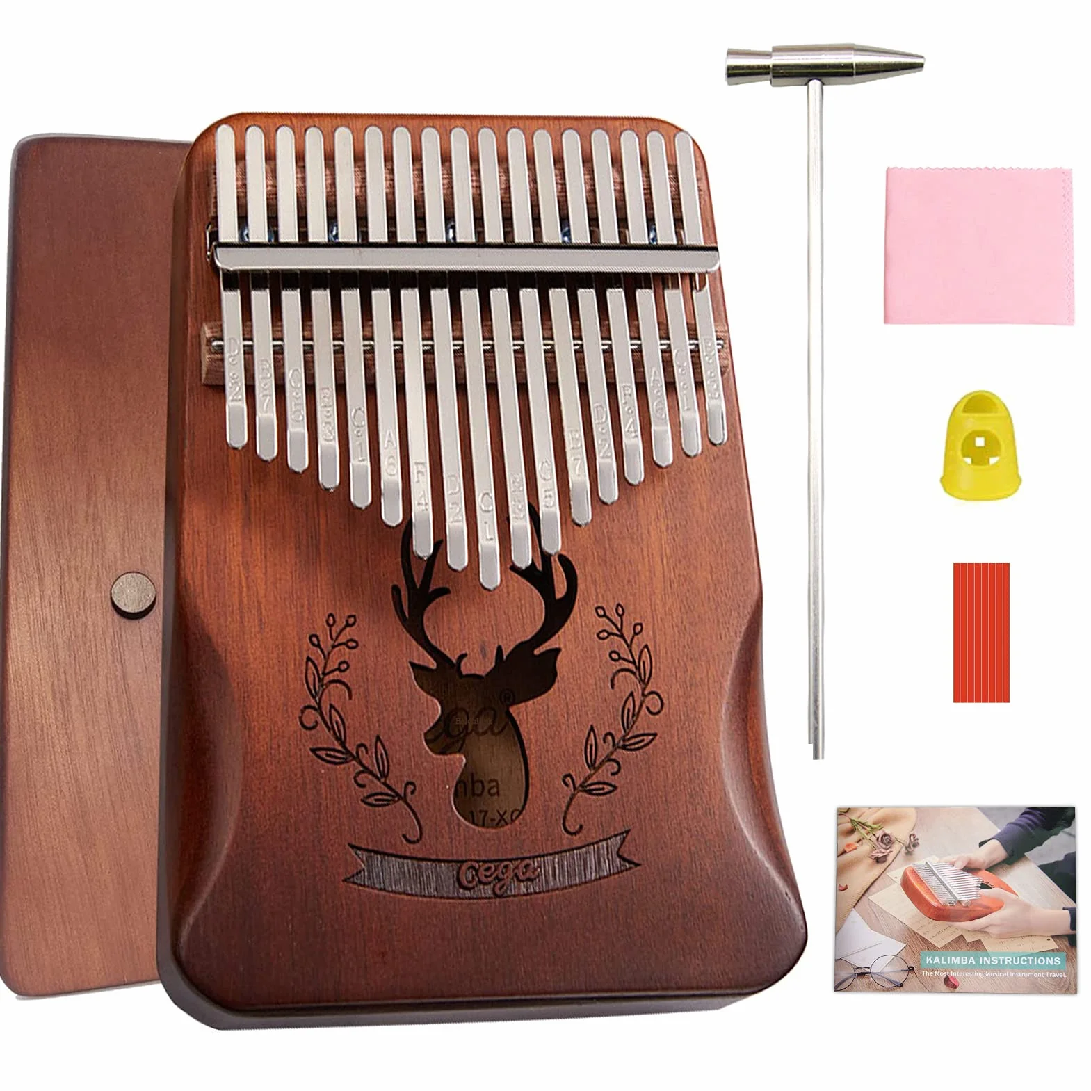 Kalimba 17 Clés Pouce Piano, bois Acajou, avec marteau d'accordage et sac portable, pour débutants