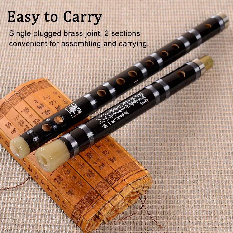 Flûte dizi en bambou faite à la main - Instrument de musique chinois en bois - Clé de fa, avec membrane, colle et protection (noir)