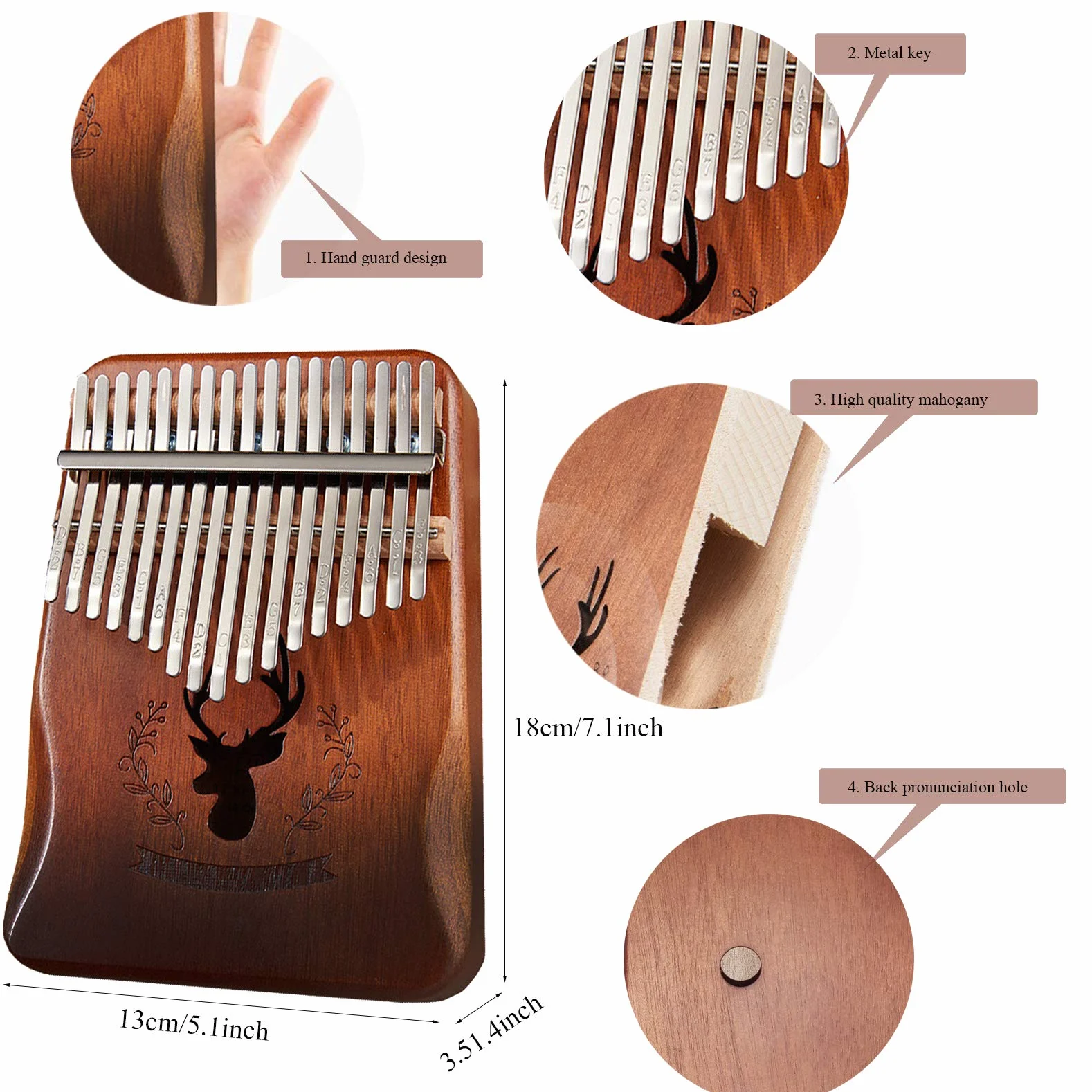 Kalimba 17 Clés Pouce Piano, bois Acajou, avec marteau d'accordage et sac portable, pour débutants