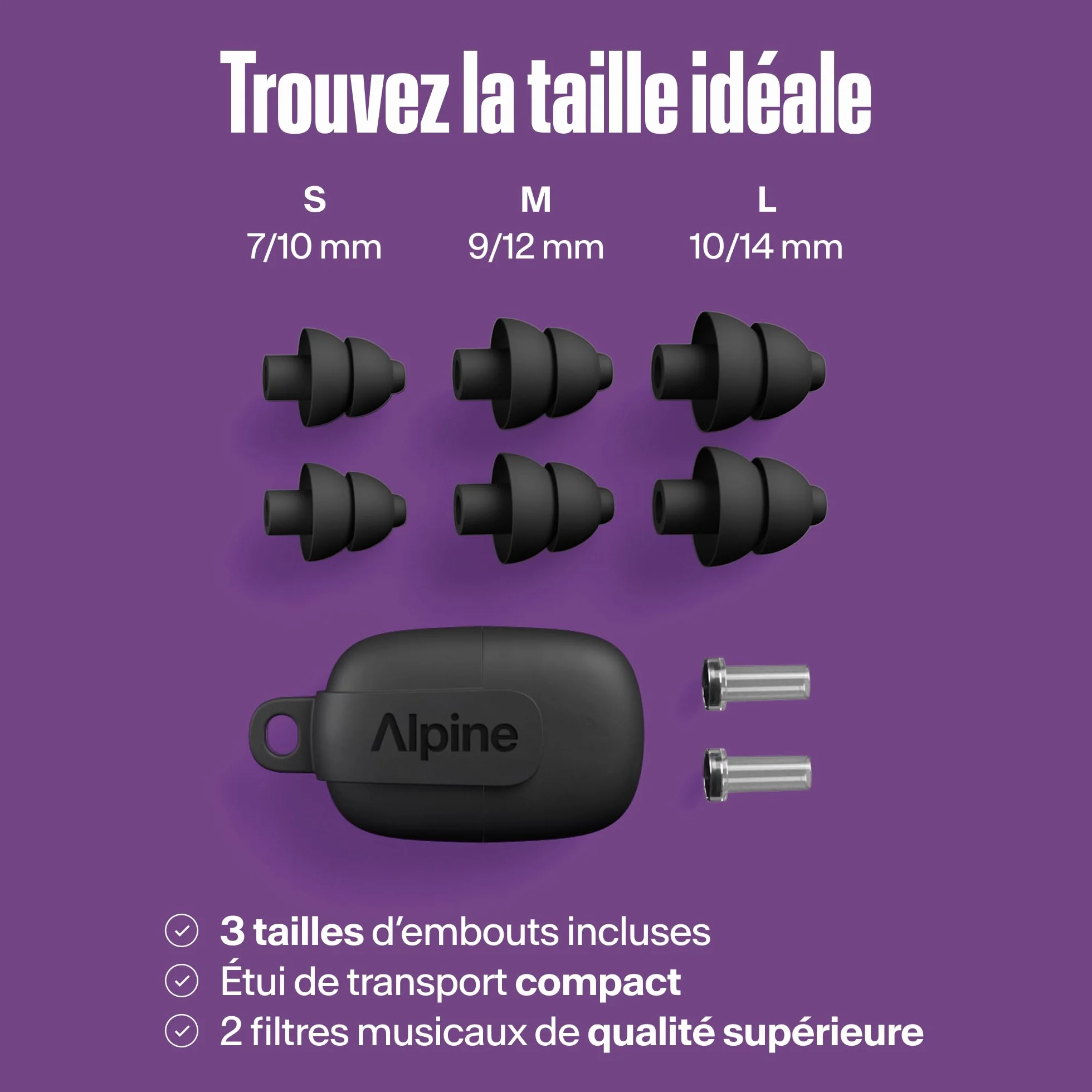 Alpine PartyPlug Pro Bouchons d'Oreilles Hi-Fi Protection Auditive 21dB 3 Tailles Noir