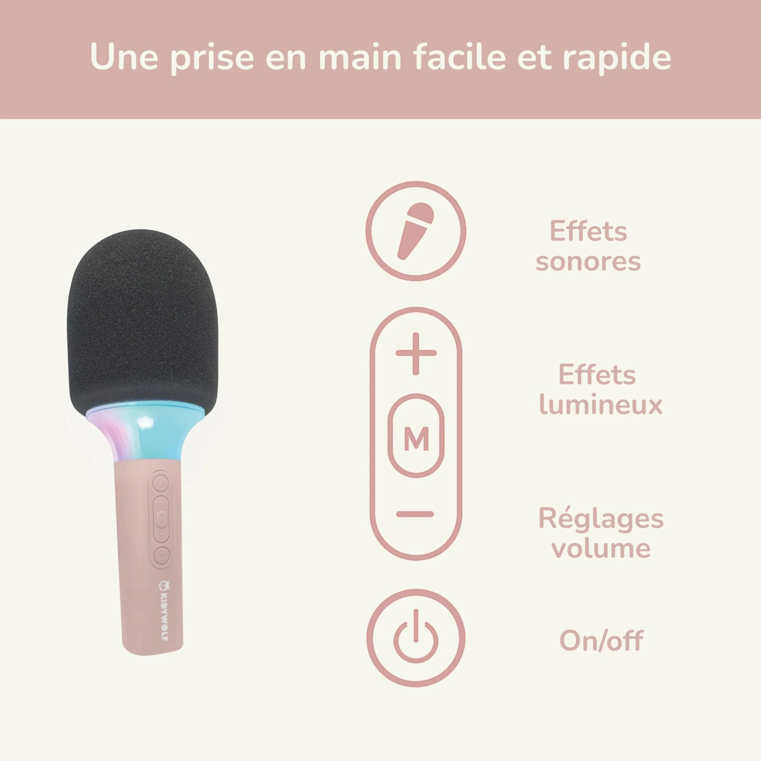 KIDYWOLF Kidymic Rose – Micro Karaoké Enfant Bluetooth avec Effets Sonores et Lumineux