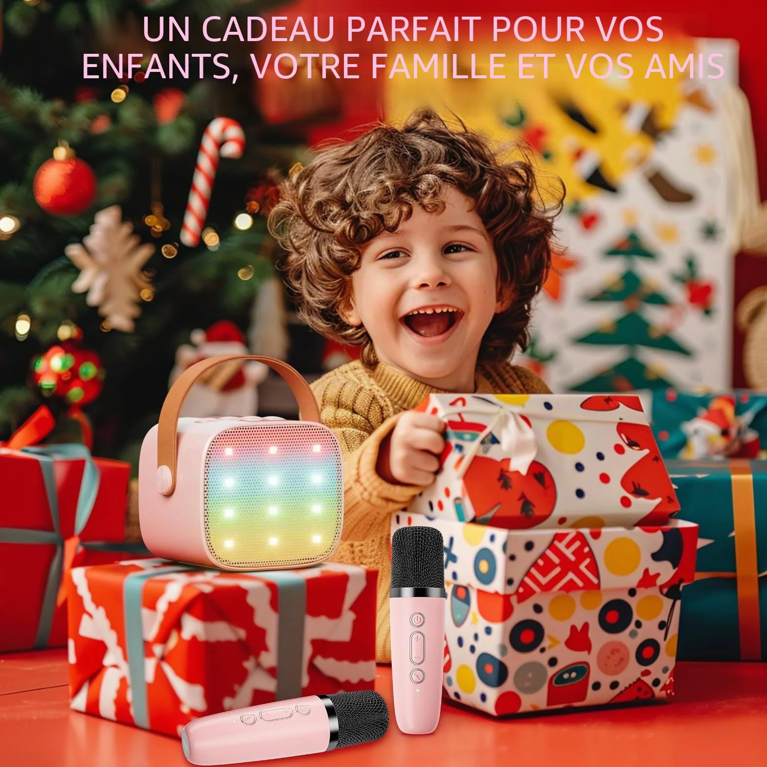 Ankuka Karaoke Enfants avec 2 Micro sans Fil Portable, Voix Change LED Lumière HiFi Mini Microphone Rose