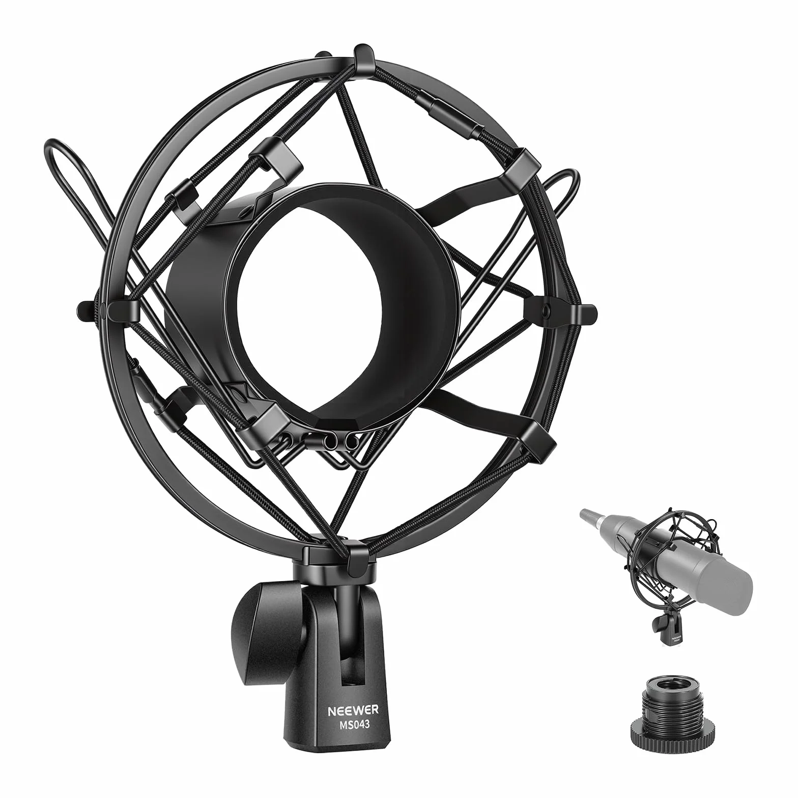 NEEWER Support Antichoc pour Micro, Fixation Pied et Boom Arm avec Cordons élastiques, Adaptateur 3/8" à 5/8", Compatible Microphone 60-65mm, MS043