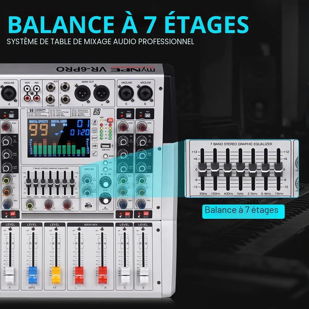 VR-6 PRO Table de mixage audio - Amplificateur de sortie haute puissance 550W x 2, 99 effets DSP, Console DJ audio Bluetooth, Grand écran spectre affichage, Tuner DJ à réduction intelligente