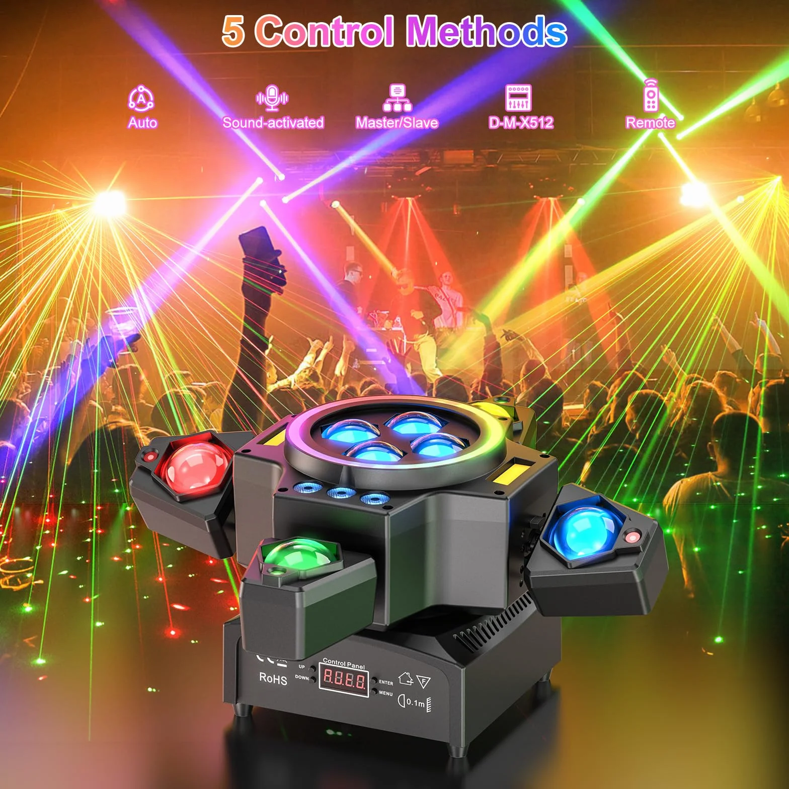 Lyre LED 150W Tête Mobile Lampe de Scène avec Télécommande, Lumière de Fête Wash Jeu de Lumière Soirée RGBW LED Stroboscopiques Beam DMX512 pour DJ Discothèques Noël Concerts