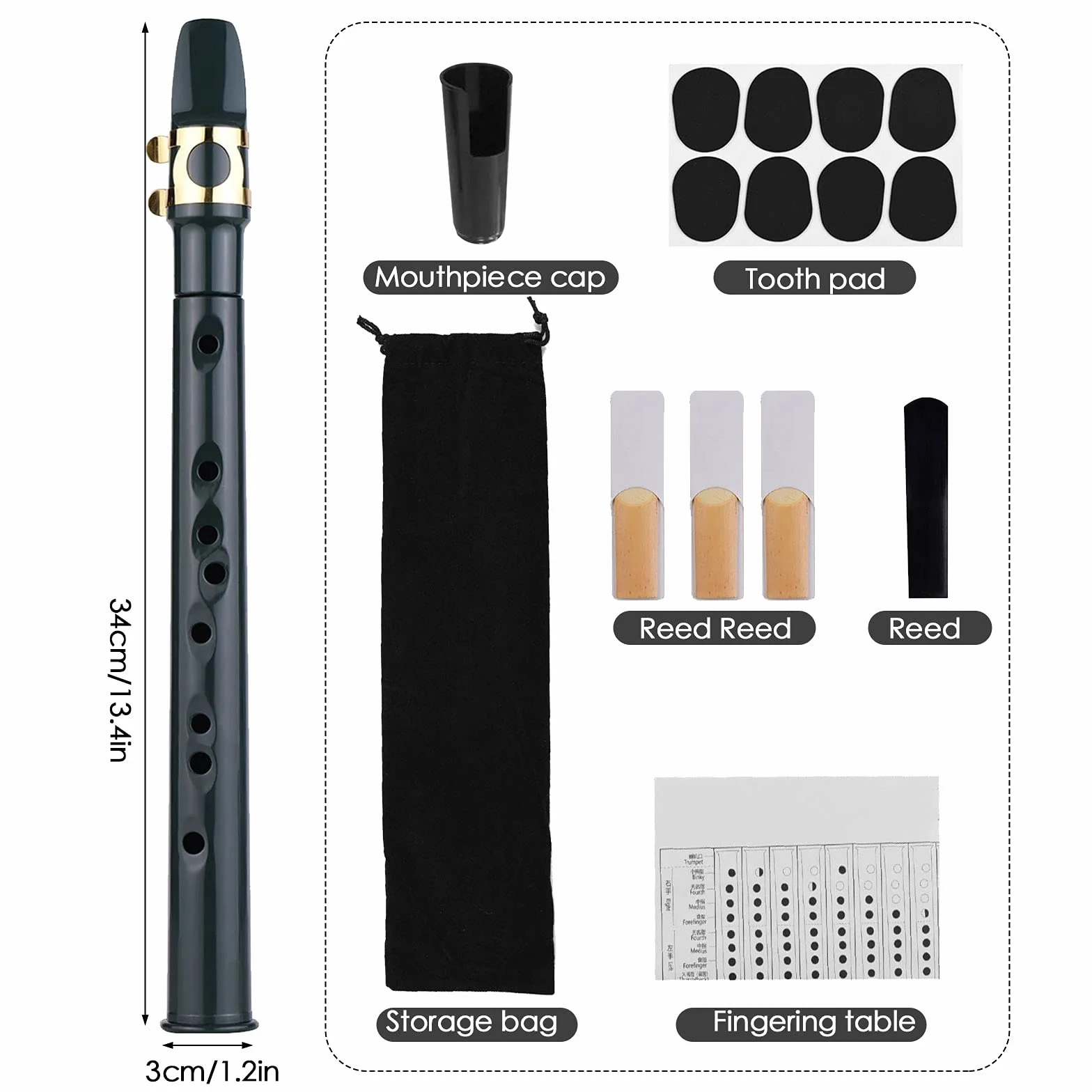 Kit de saxophone alto portable pour débutants, 4 anches, 8 tampons dentaires, sac de transport (noir)