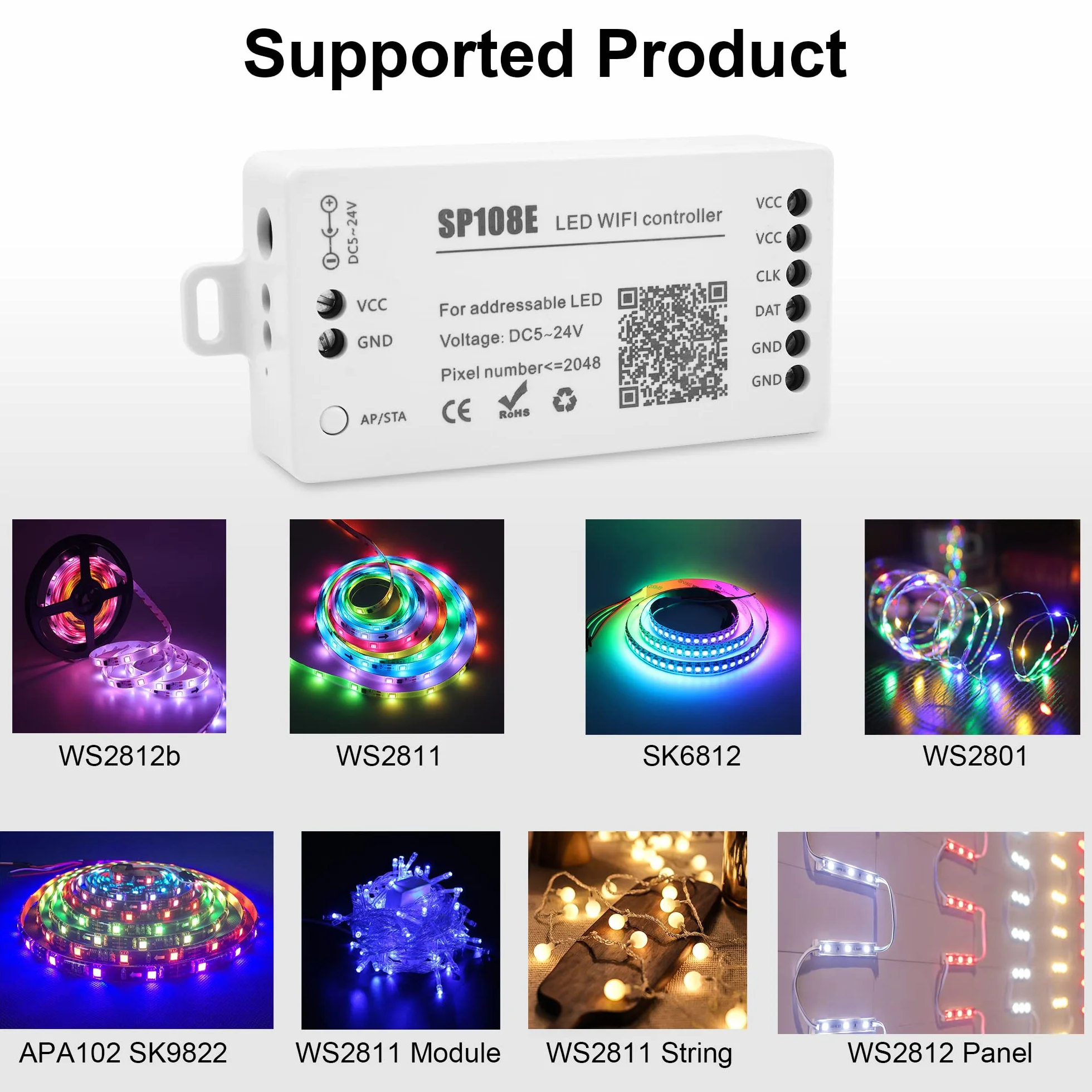 VIPMOON SP108E Contrôleur LED WIFI DC 5V-24V pour Bande LED SK6812 WS2812 WS2813 WS2815 AL2815