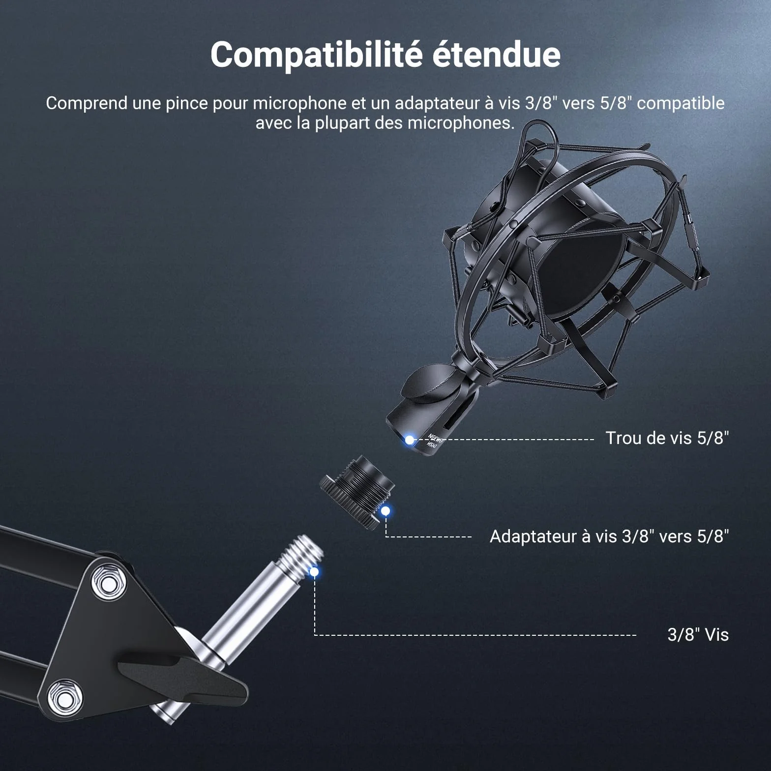 NEEWER Support Antichoc pour Micro, Fixation Pied et Boom Arm avec Cordons élastiques, Adaptateur 3/8" à 5/8", Compatible Microphone 60-65mm, MS043