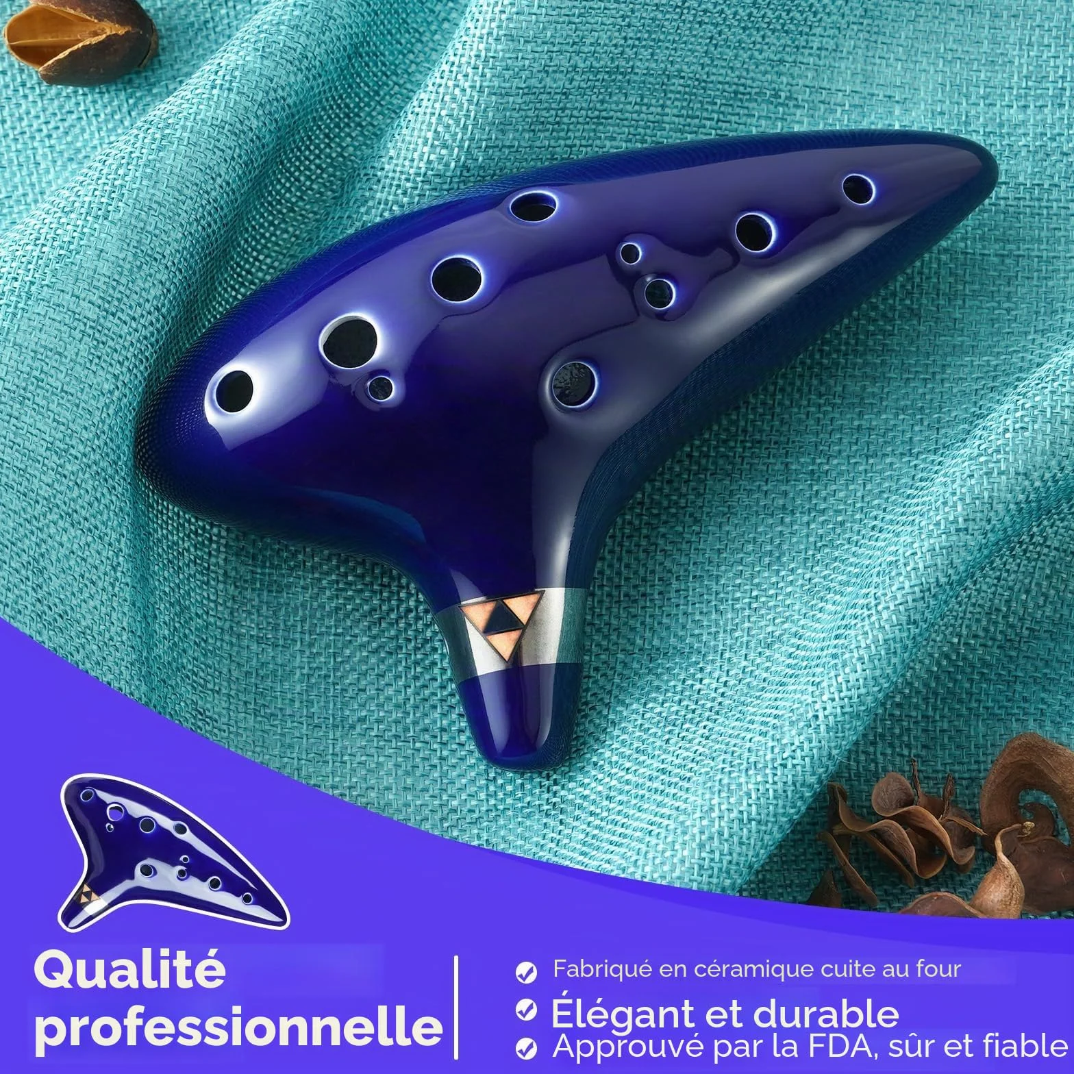 Ohuhu Ocarina 12 Trous Céramique Alto C Instrument de Musique Zelda avec Livre de Chansons Bleu