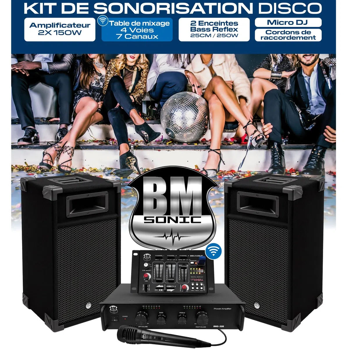 Kit Sonorisation 300W Bm Sonic BMS-DJ300-USB-BT Initiation DJ Enceintes Ampli Table de Mixage Bluetooth USB, Microphone Câblages