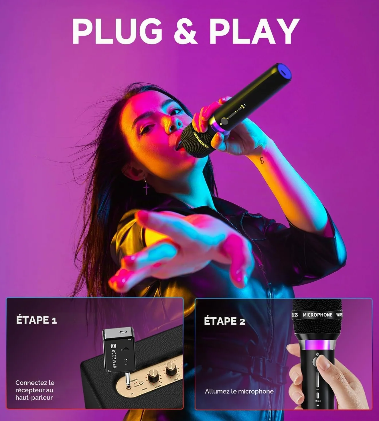 ECHOMUSSY Micro sans Fil Double Microphone Rechargeable 40h Portée 60m Karaoke