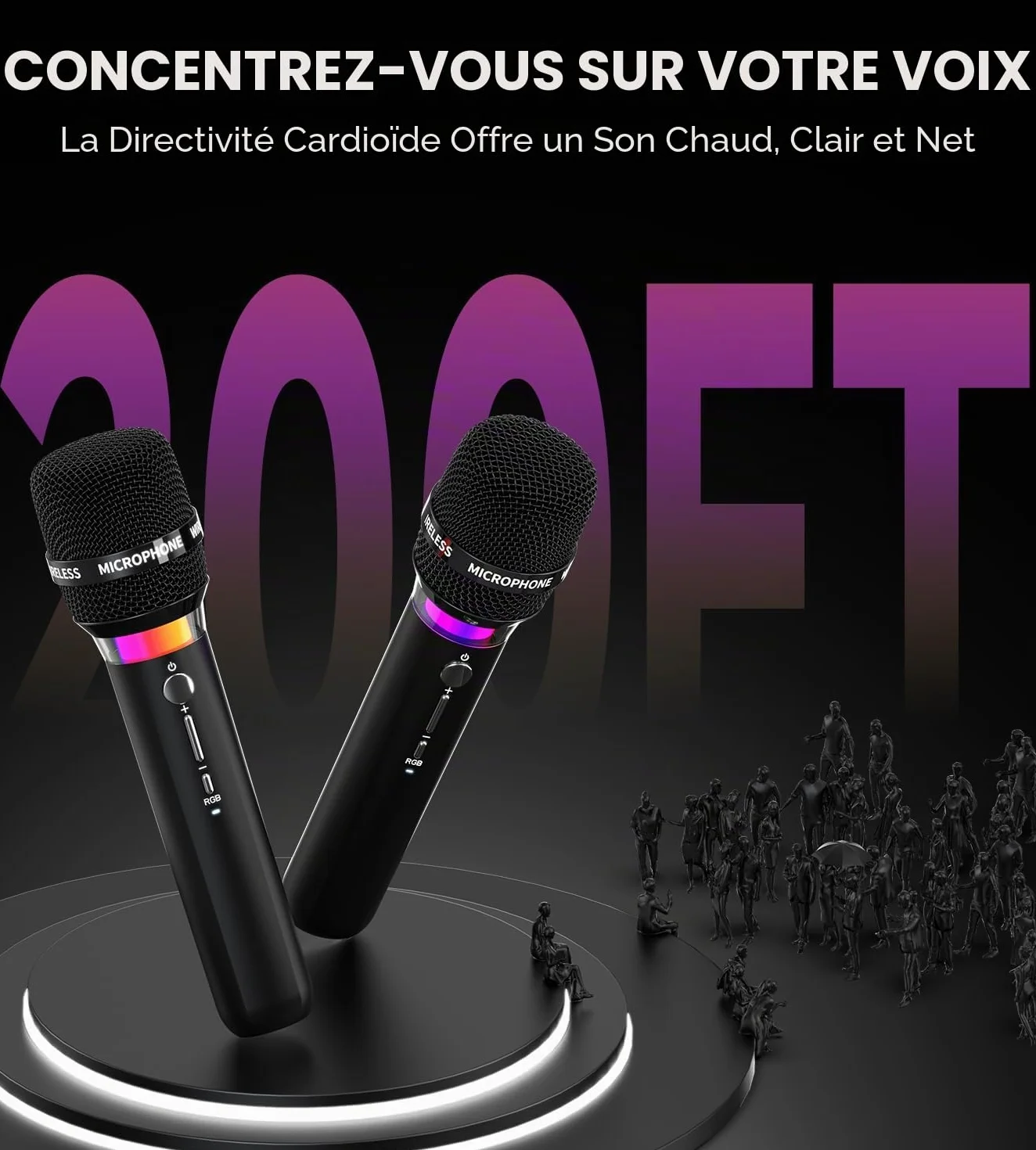 ECHOMUSSY Micro sans Fil Double Microphone Rechargeable 40h Portée 60m Karaoke
