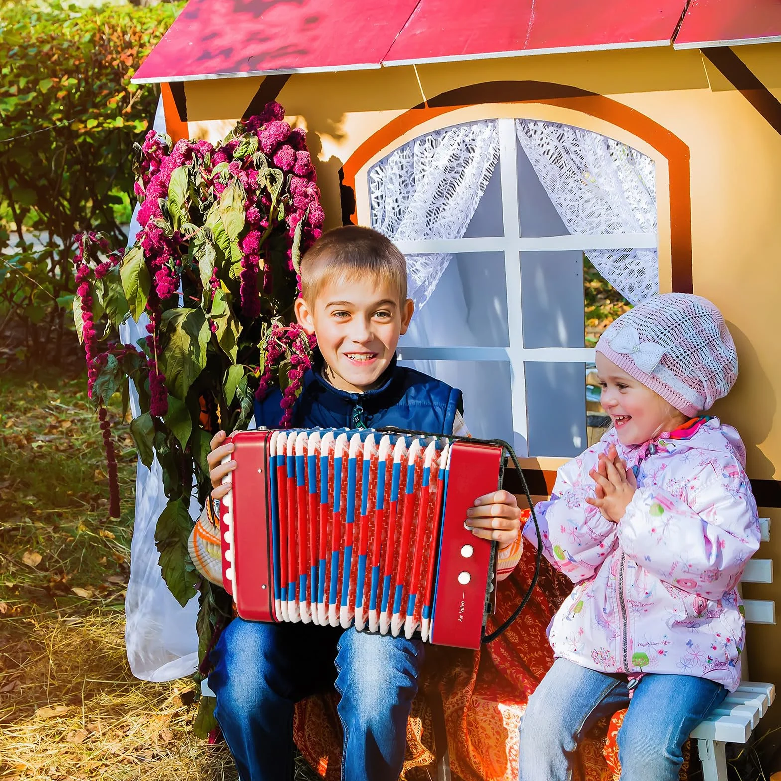 Accordéon pour Enfant 10 Touches avec Sangles, Instrument de Musique Débutants, Rouge