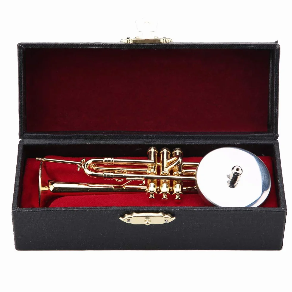 Miniature Trompette en Laiton Doré avec Support et Étui, Ornement Musical