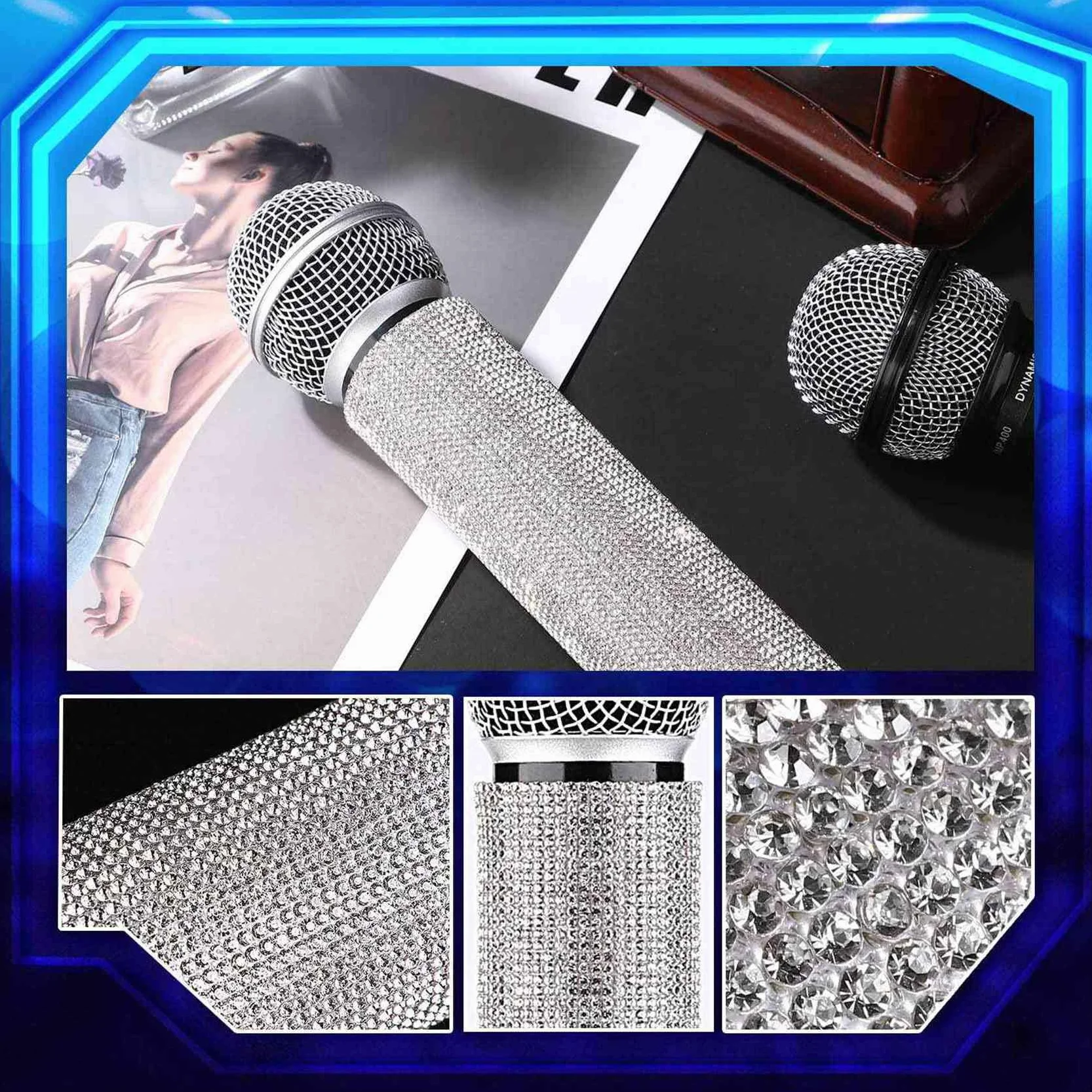 Lot de 3 housses de poignée de micro avec strass brillants argenté pour micro sans fil fête émission TV